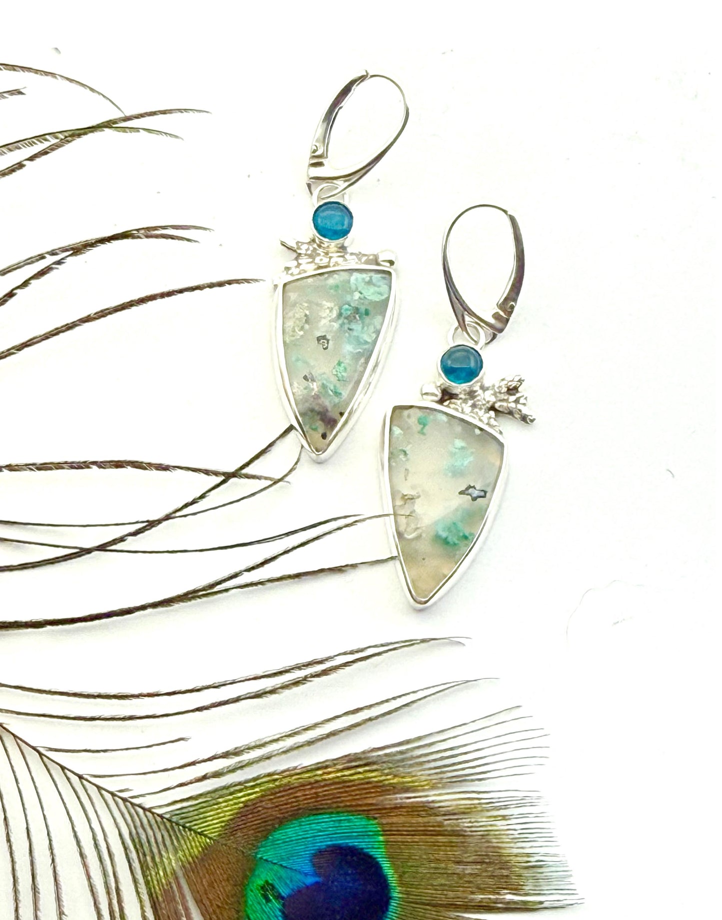 Confetti Chrysocolla and Neon Apatite Earrings, Sugar Water Flower Agate in Sterling Silver