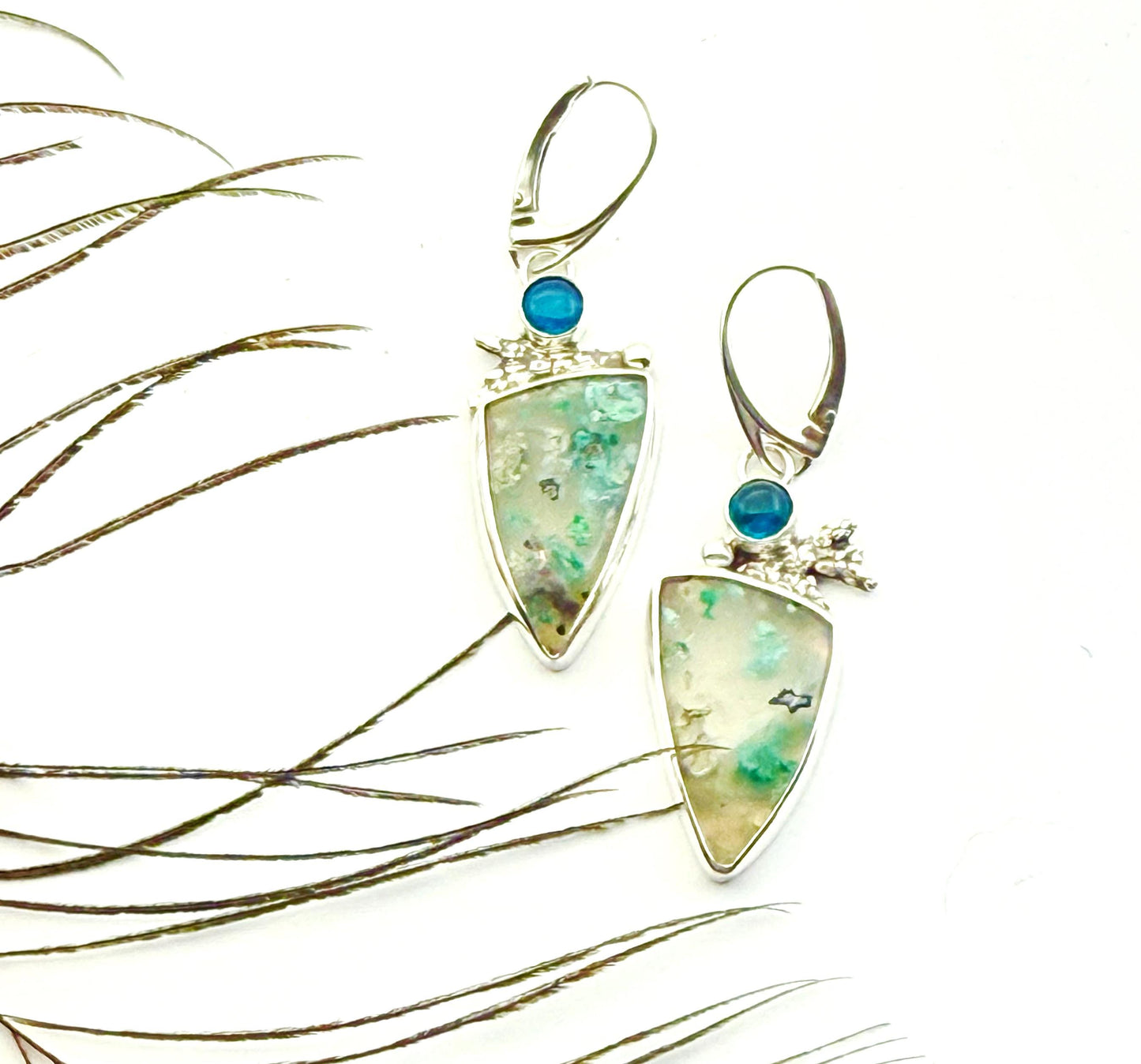Confetti Chrysocolla and Neon Apatite Earrings, Sugar Water Flower Agate in Sterling Silver