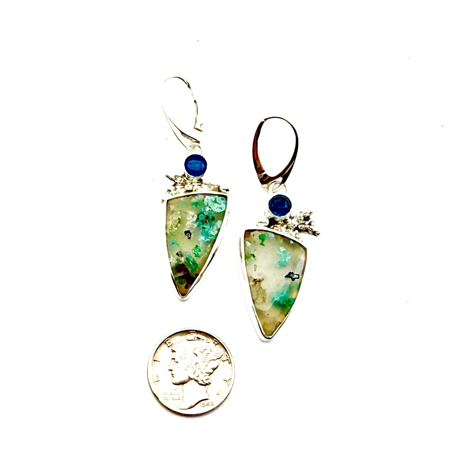 Confetti Chrysocolla and Neon Apatite Earrings, Sugar Water Flower Agate in Sterling Silver