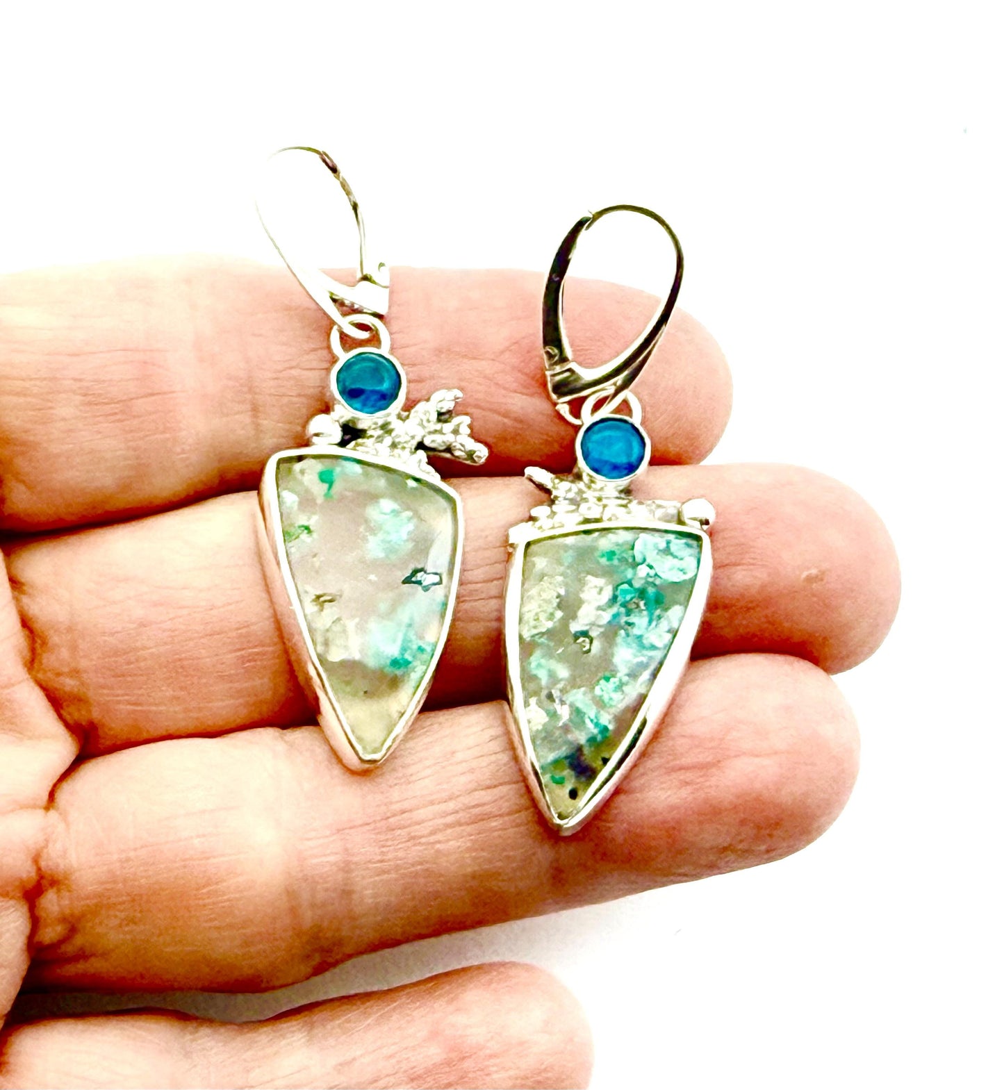 Confetti Chrysocolla and Neon Apatite Earrings, Sugar Water Flower Agate in Sterling Silver