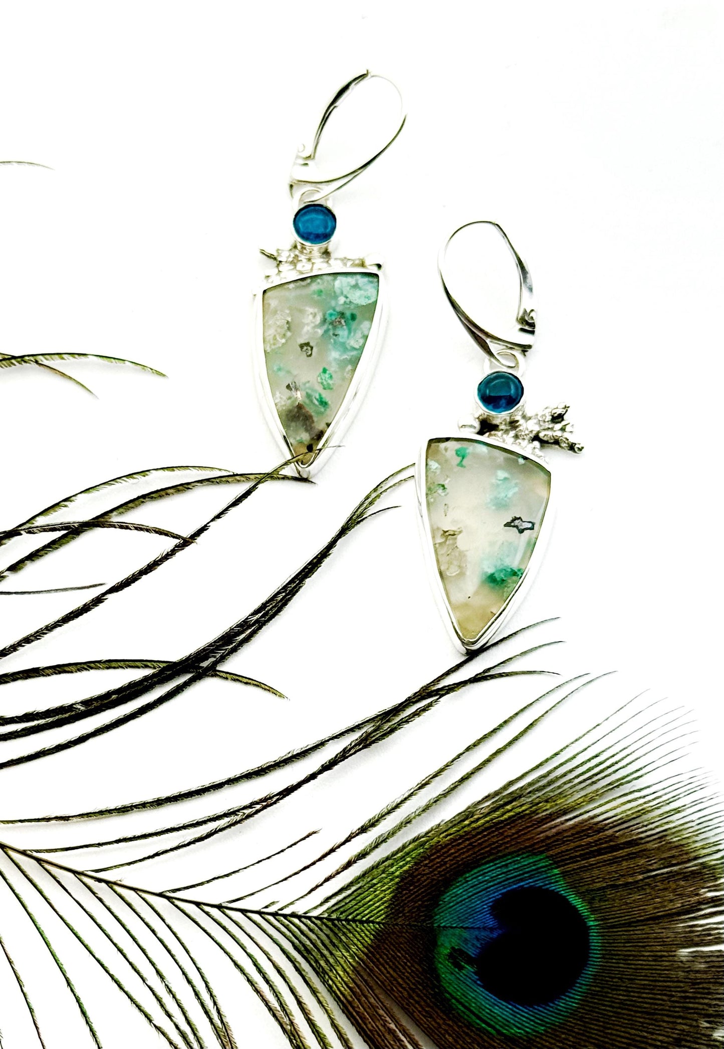 Confetti Chrysocolla and Neon Apatite Earrings, Sugar Water Flower Agate in Sterling Silver