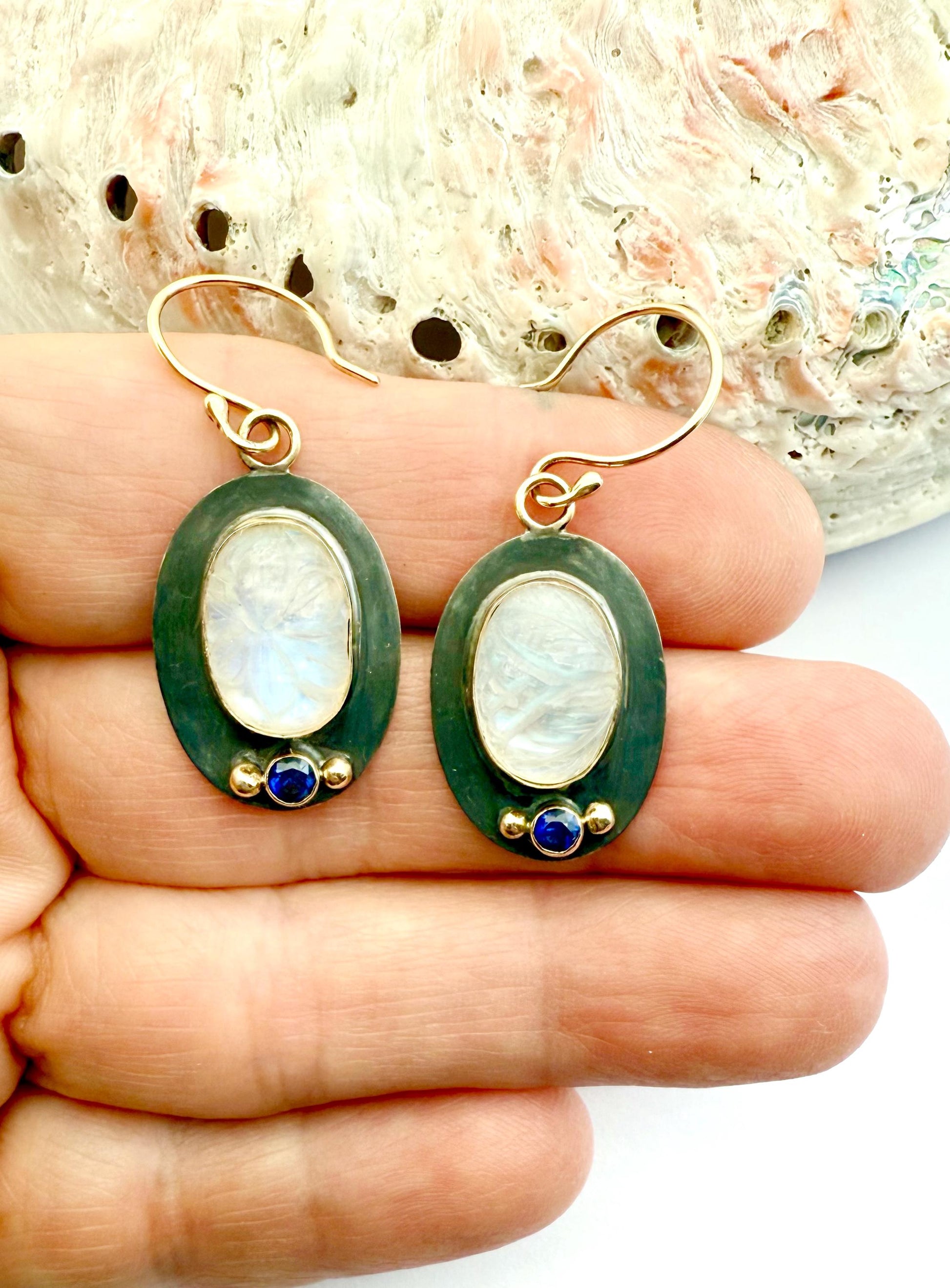 Rainbow Moonstone and Sapphire Earrings: 14k Gold & Oxidized Sterling Silver