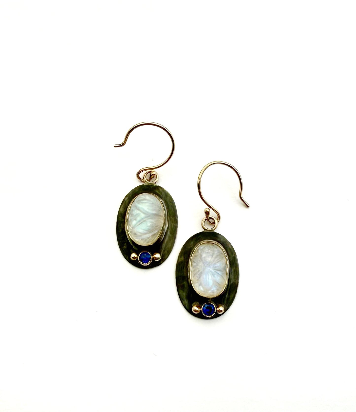 Rainbow Moonstone and Sapphire Earrings: 14k Gold & Oxidized Sterling Silver