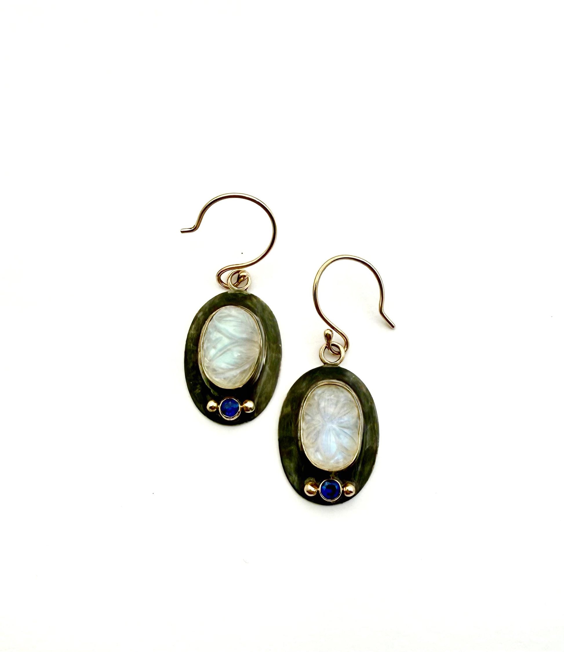Rainbow Moonstone and Sapphire Earrings: 14k Gold & Oxidized Sterling Silver
