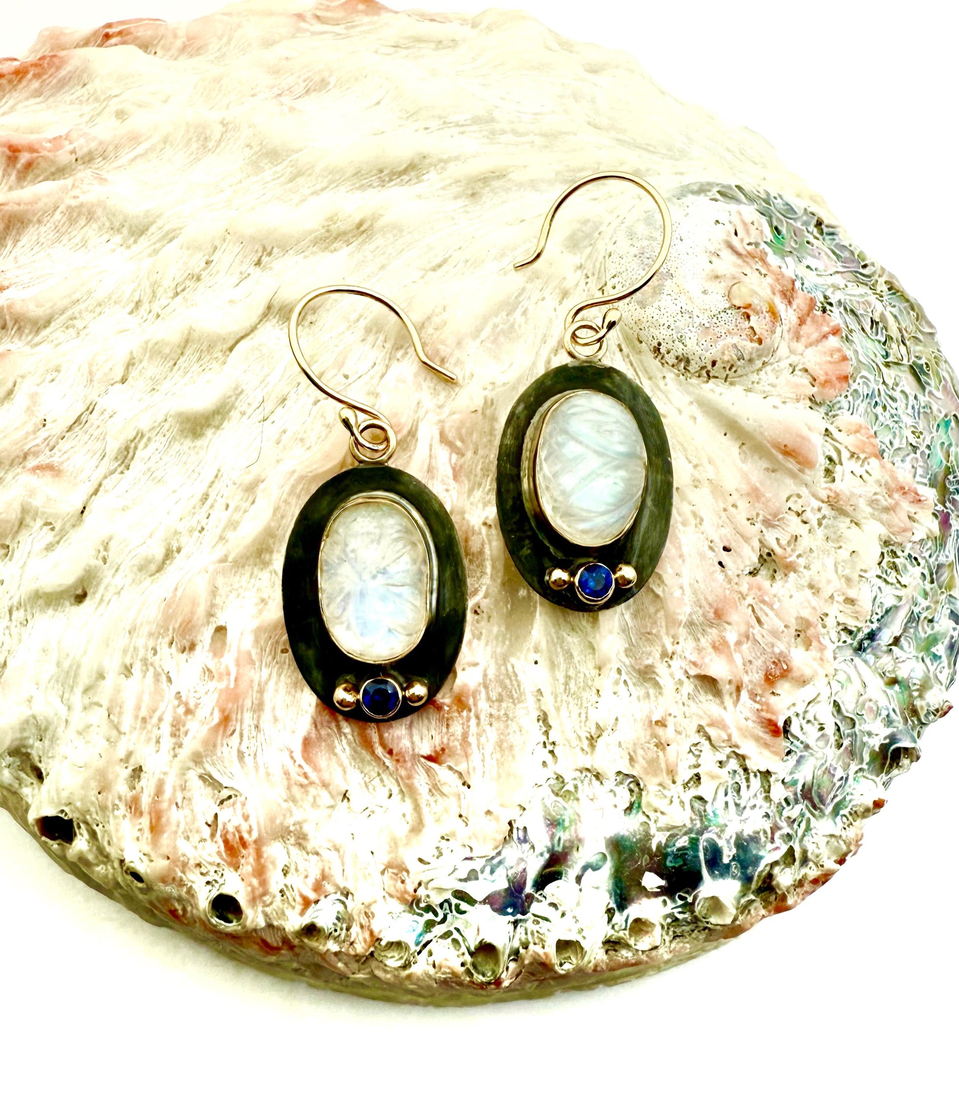 Rainbow Moonstone and Sapphire Earrings: 14k Gold & Oxidized Sterling Silver