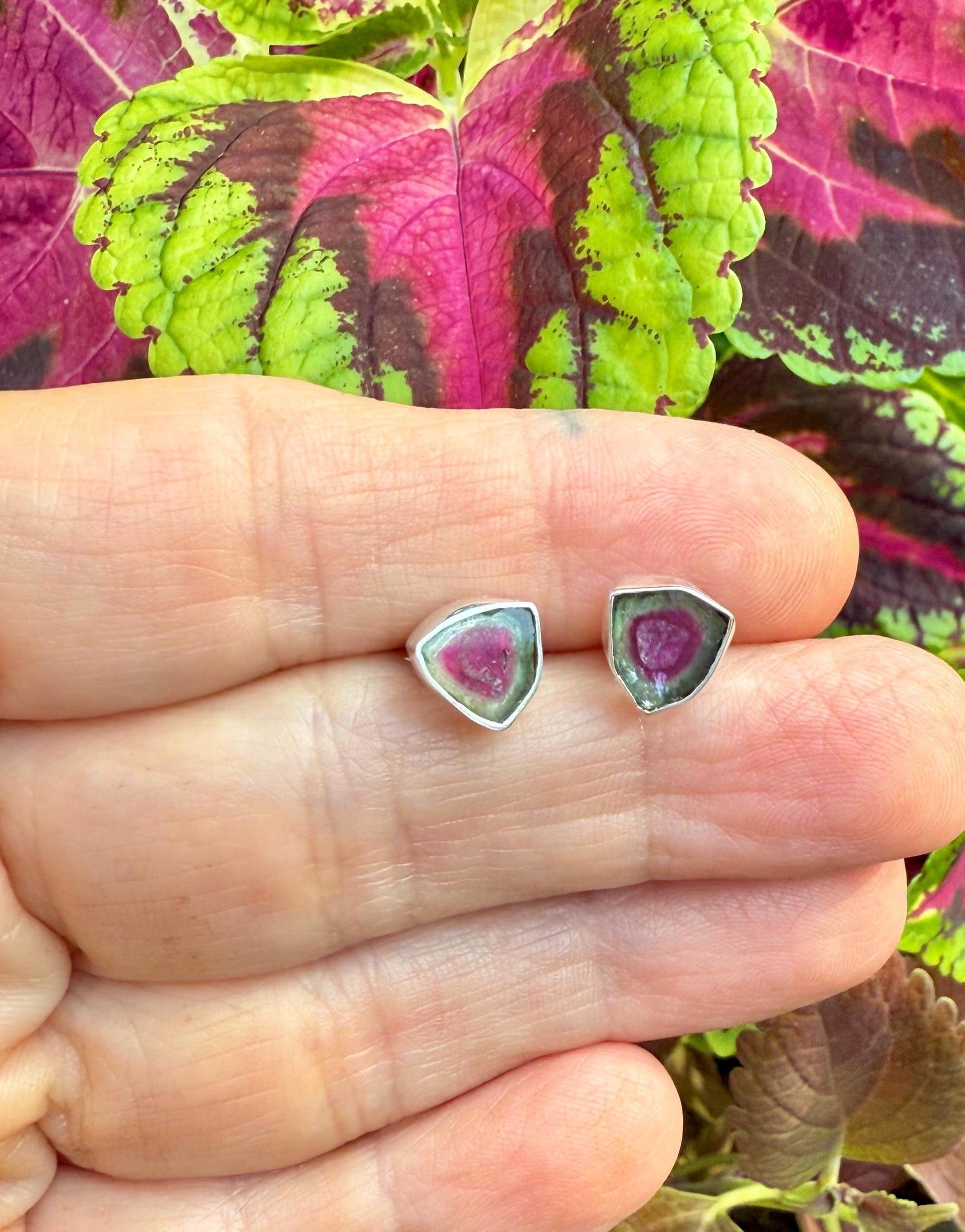 Watermelon Tourmaline Studs, Sterling Silver Gemstone Earrings, October Birthstone