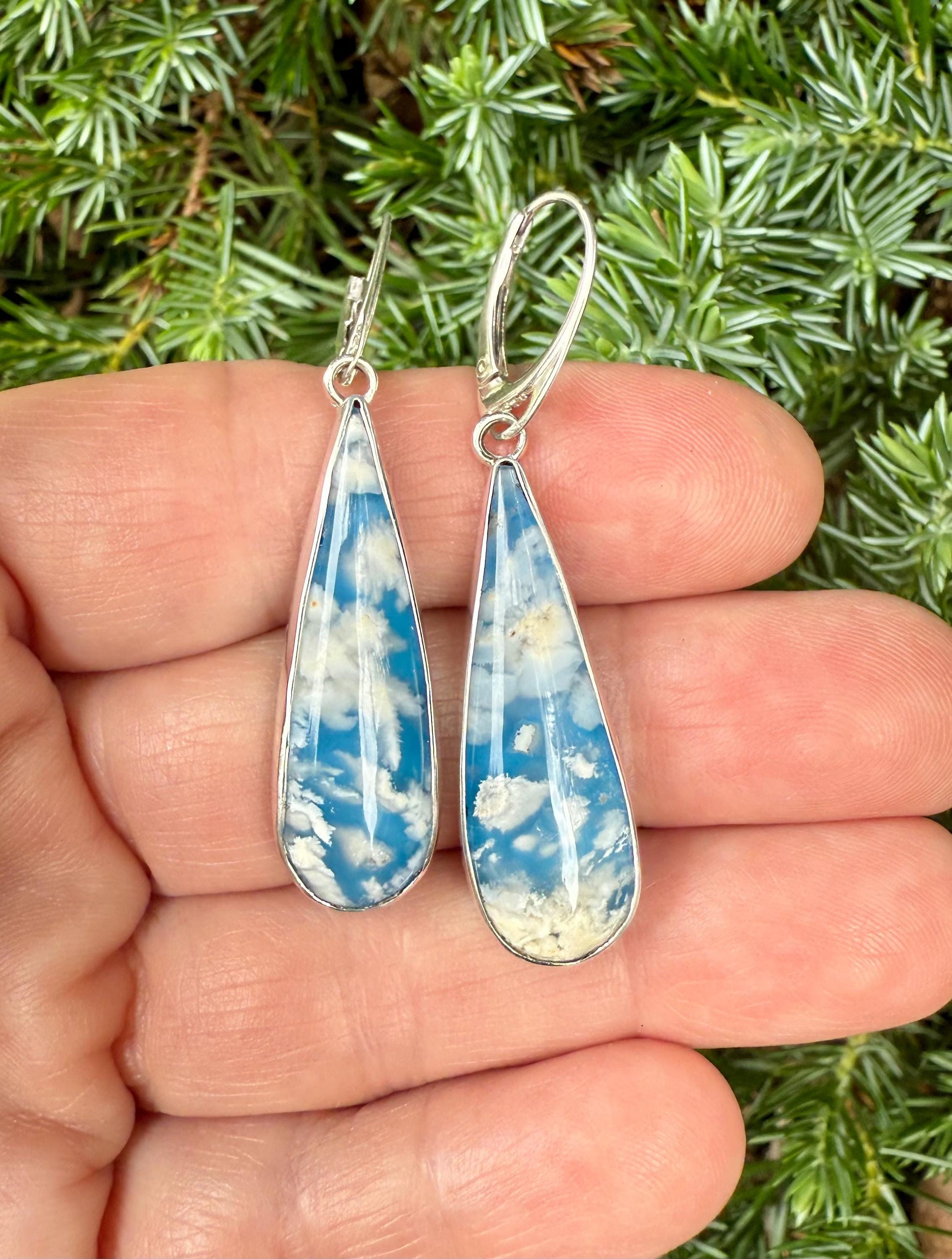 Cloud Earrings in Sterling Silver, Blue and White Stone Earrings, Plume Agate Jewelry