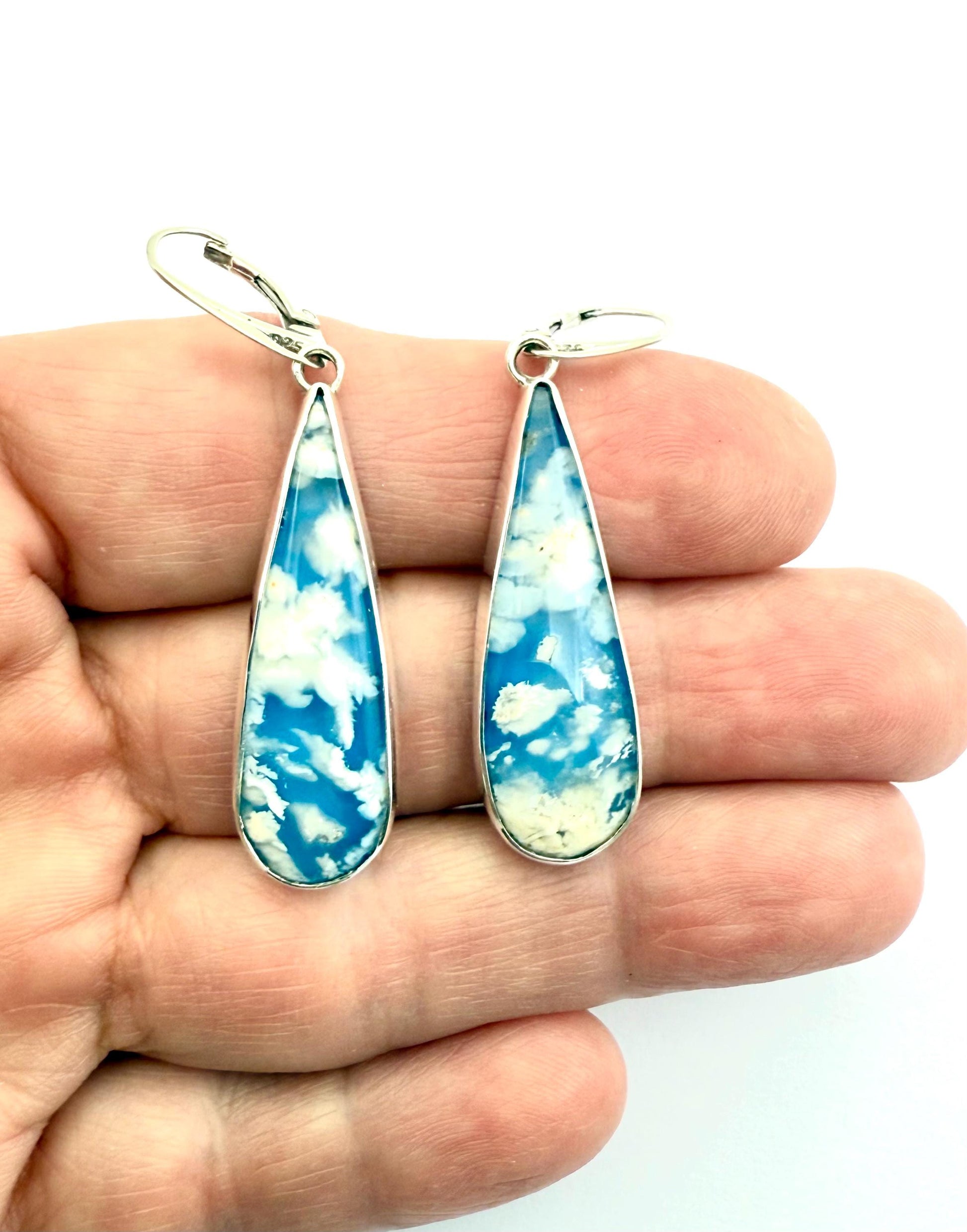 Cloud Earrings in Sterling Silver, Blue and White Stone Earrings, Plume Agate Jewelry