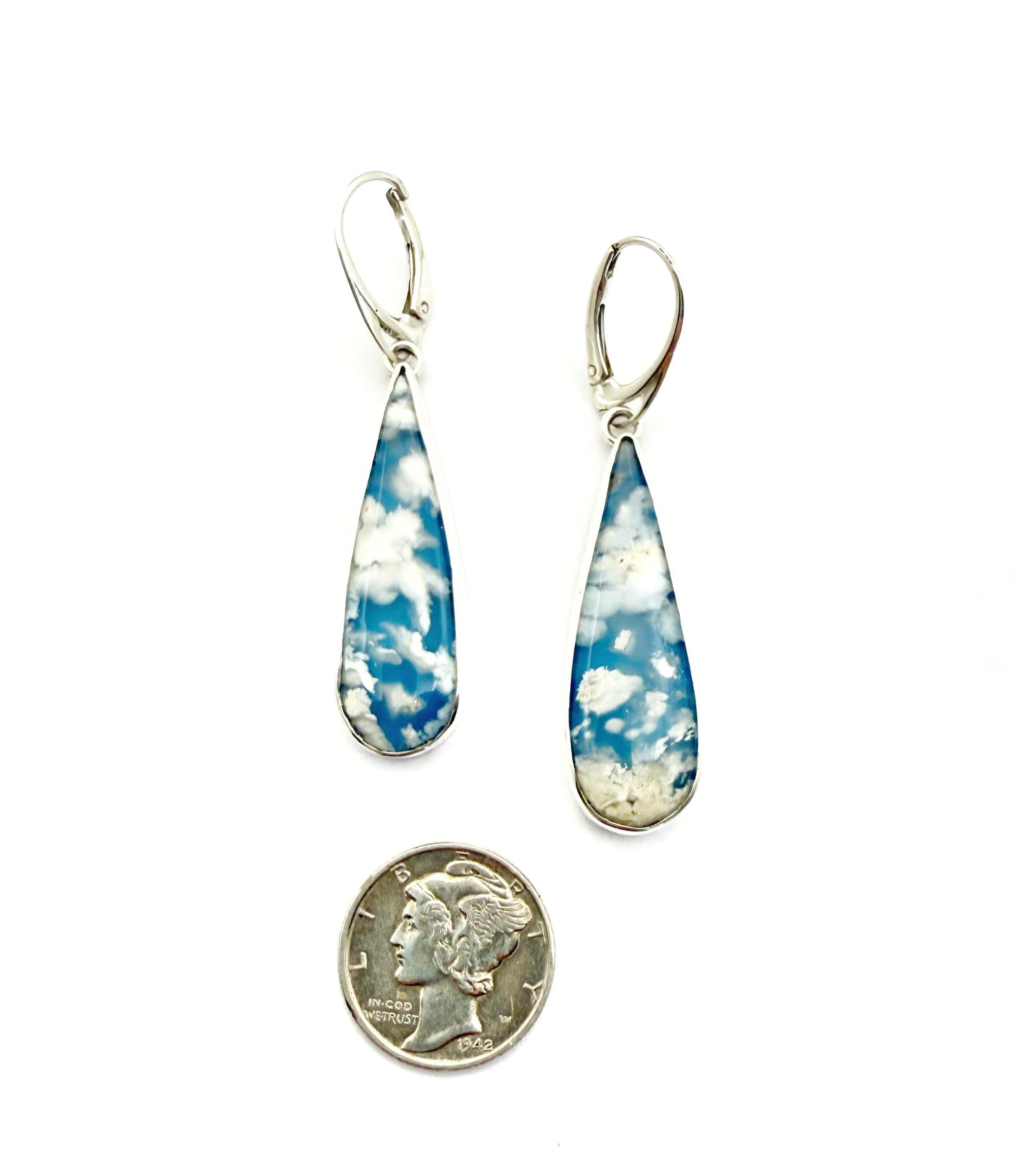 Cloud Earrings in Sterling Silver, Blue and White Stone Earrings, Plume Agate Jewelry