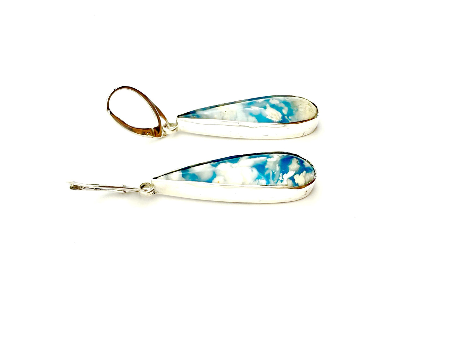 Cloud Earrings in Sterling Silver, Blue and White Stone Earrings, Plume Agate Jewelry
