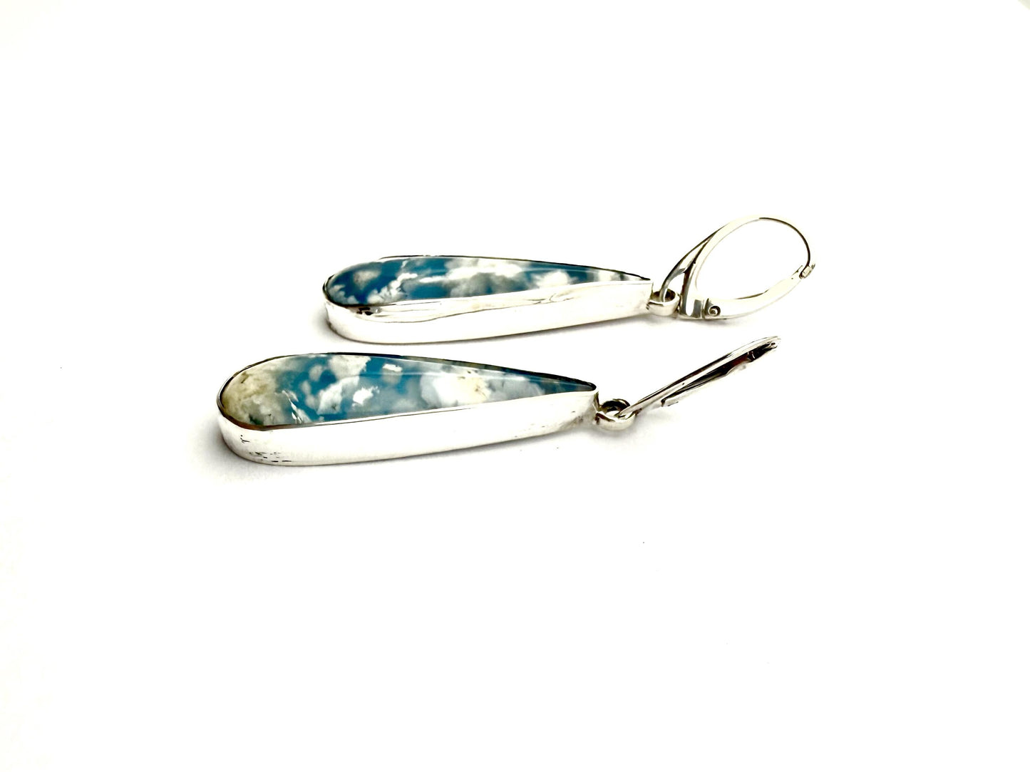 Cloud Earrings in Sterling Silver, Blue and White Stone Earrings, Plume Agate Jewelry