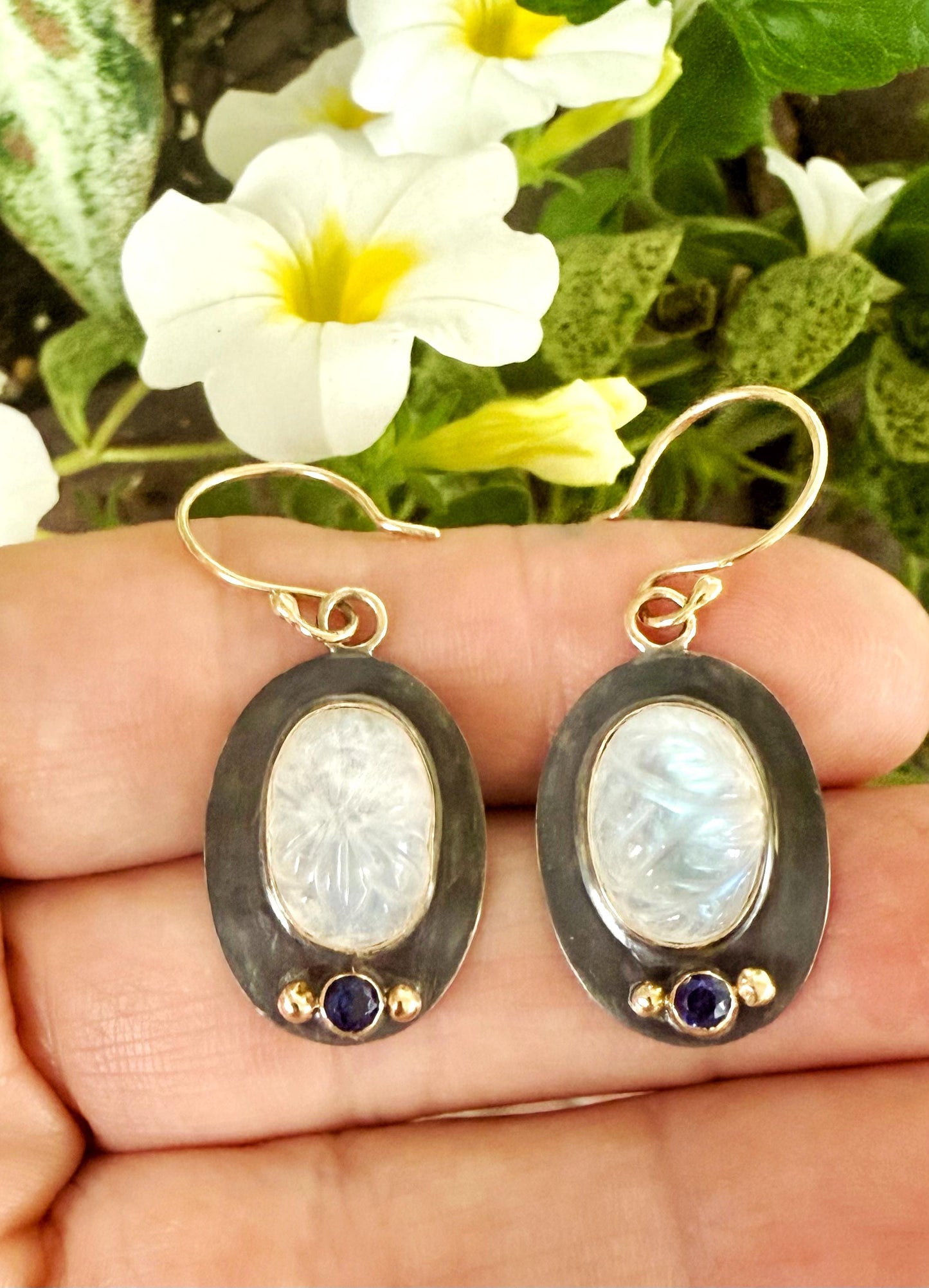 Rainbow Moonstone and Sapphire Earrings: 14k Gold & Oxidized Sterling Silver