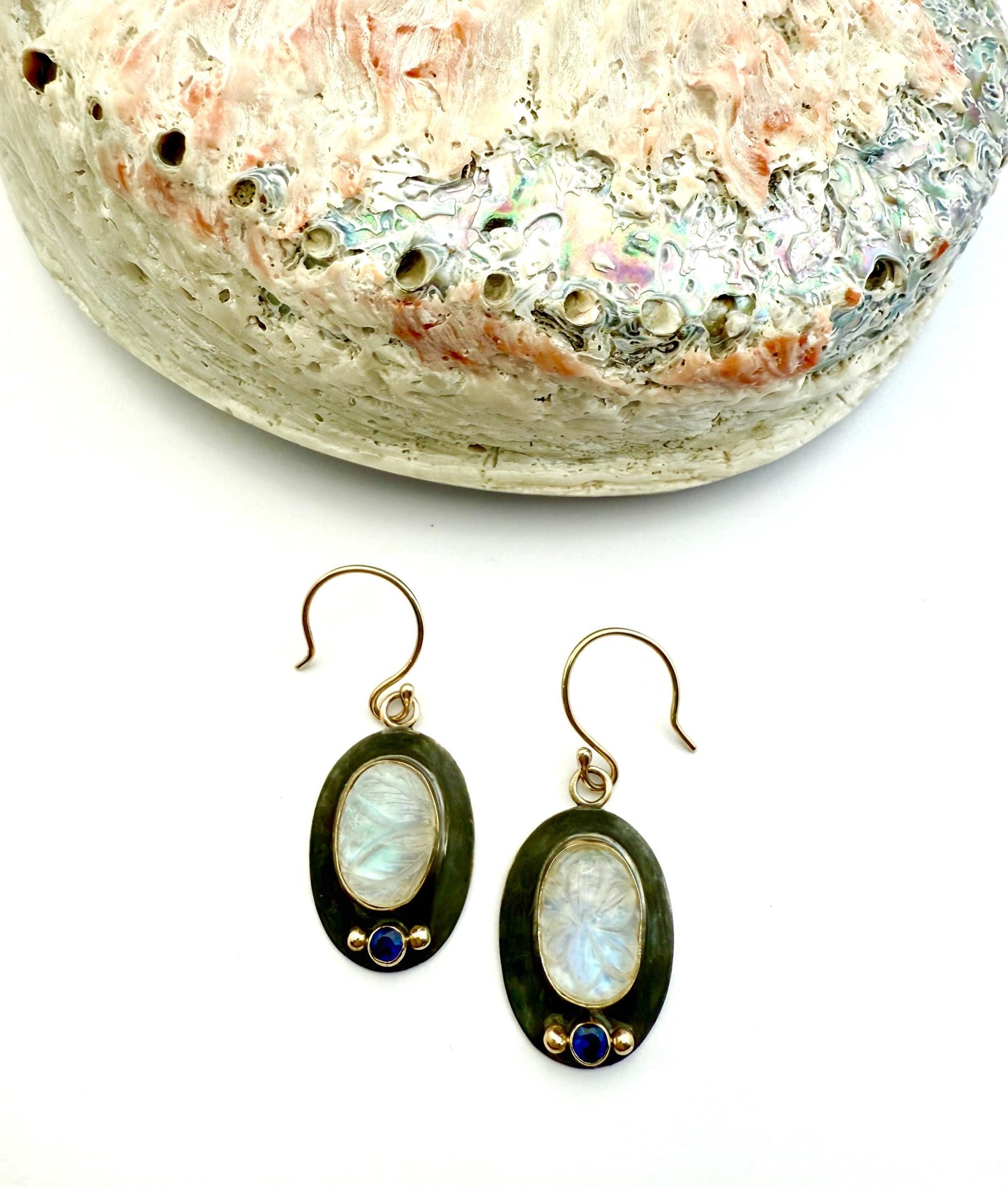 Rainbow Moonstone and Sapphire Earrings: 14k Gold & Oxidized Sterling Silver