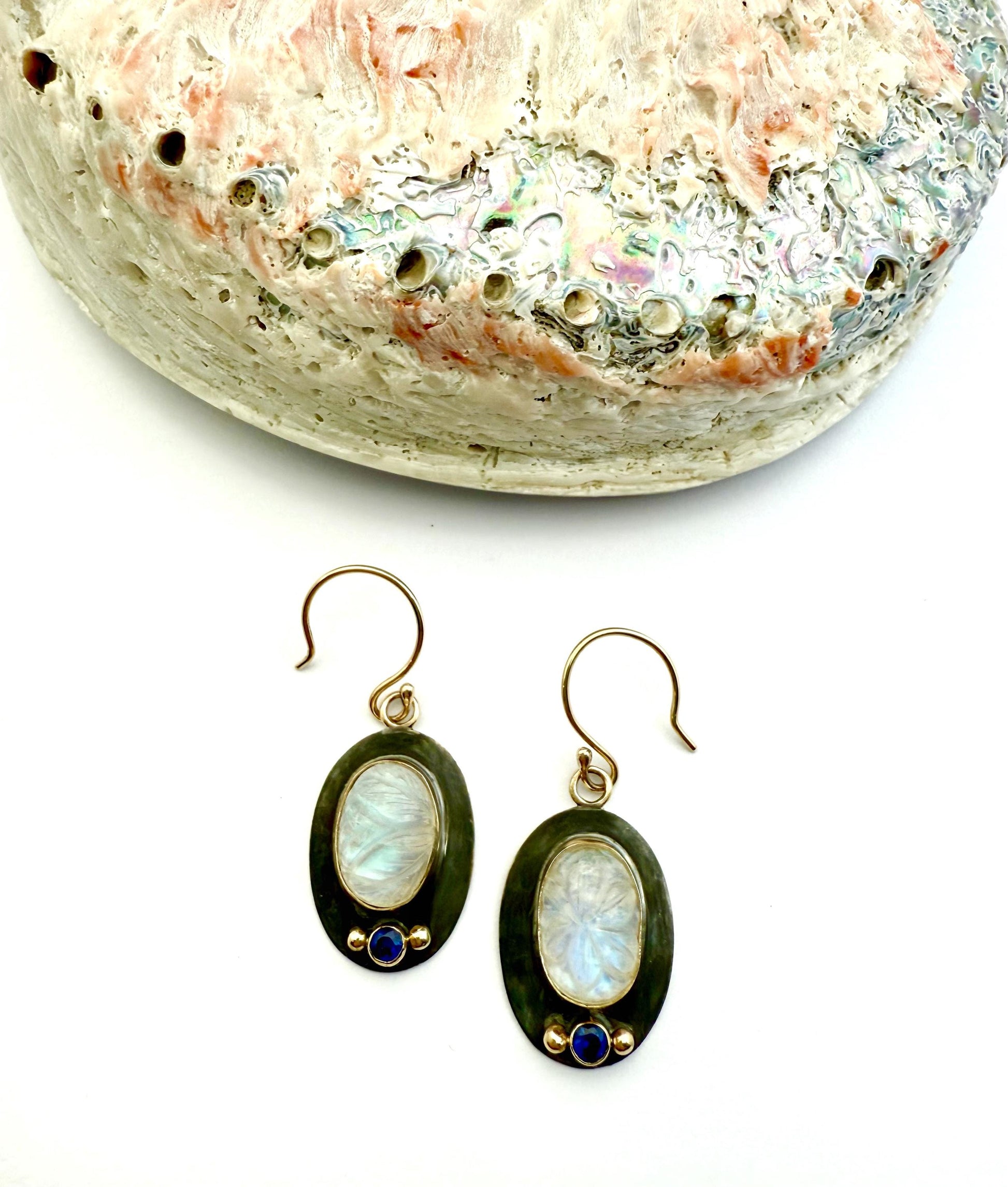 Rainbow Moonstone and Sapphire Earrings: 14k Gold & Oxidized Sterling Silver