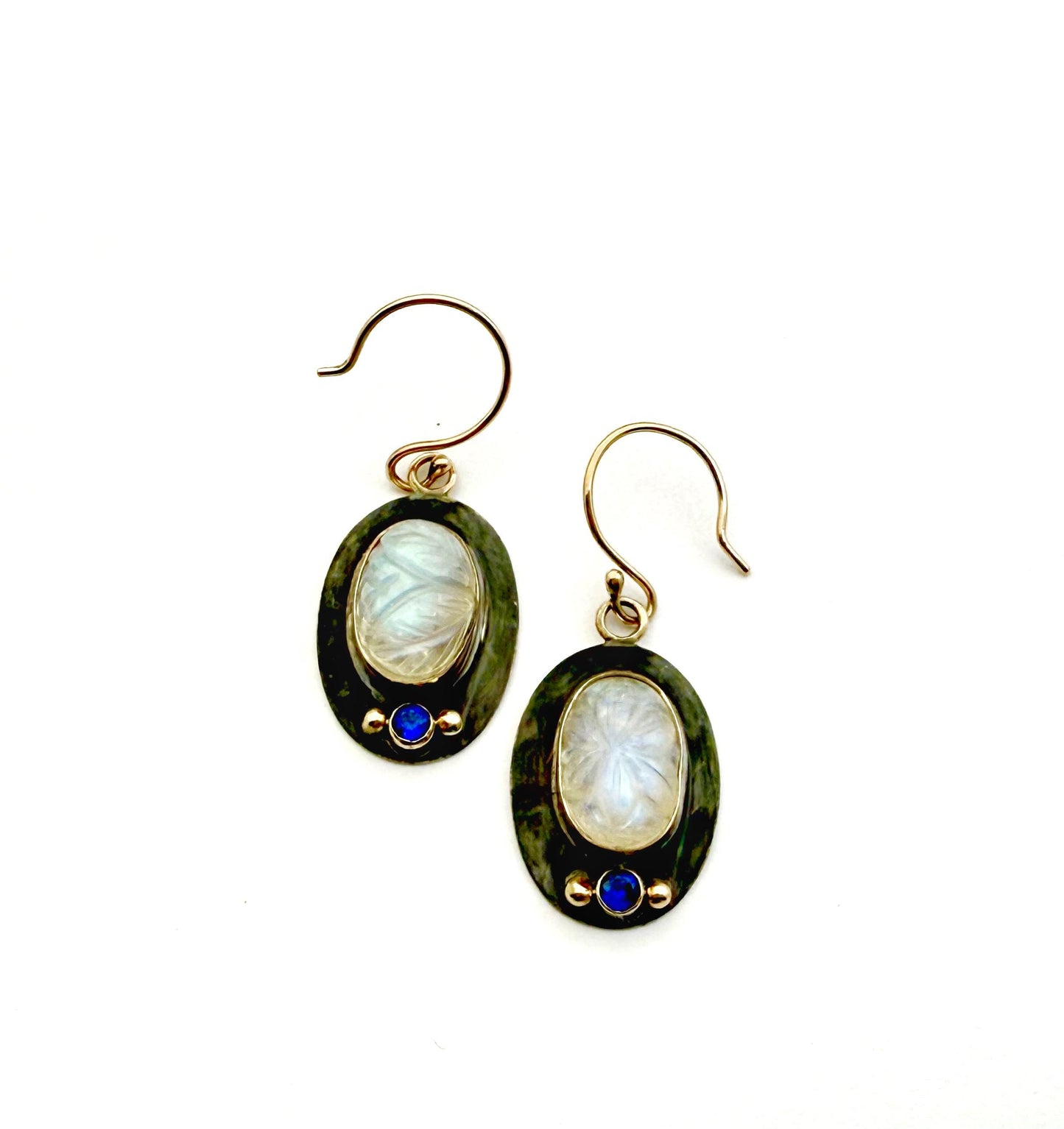 Rainbow Moonstone and Sapphire Earrings: 14k Gold & Oxidized Sterling Silver