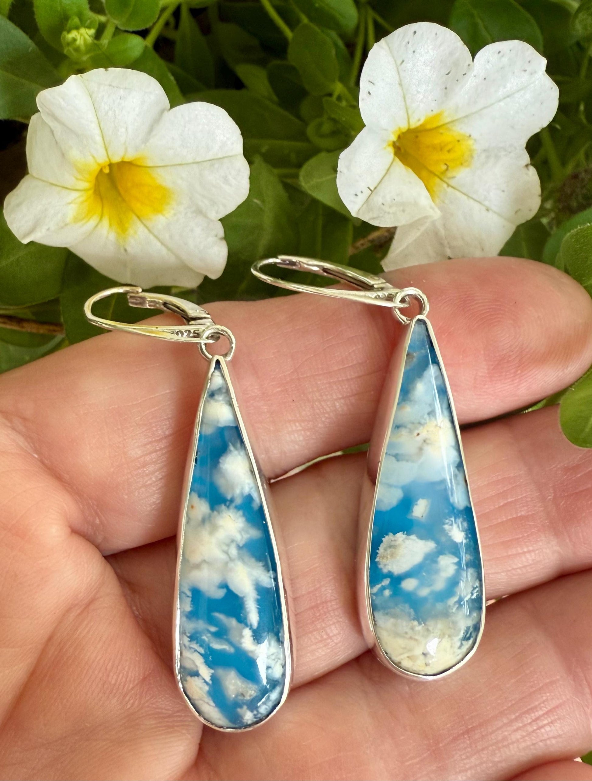 Cloud Earrings in Sterling Silver, Blue and White Stone Earrings, Plume Agate Jewelry