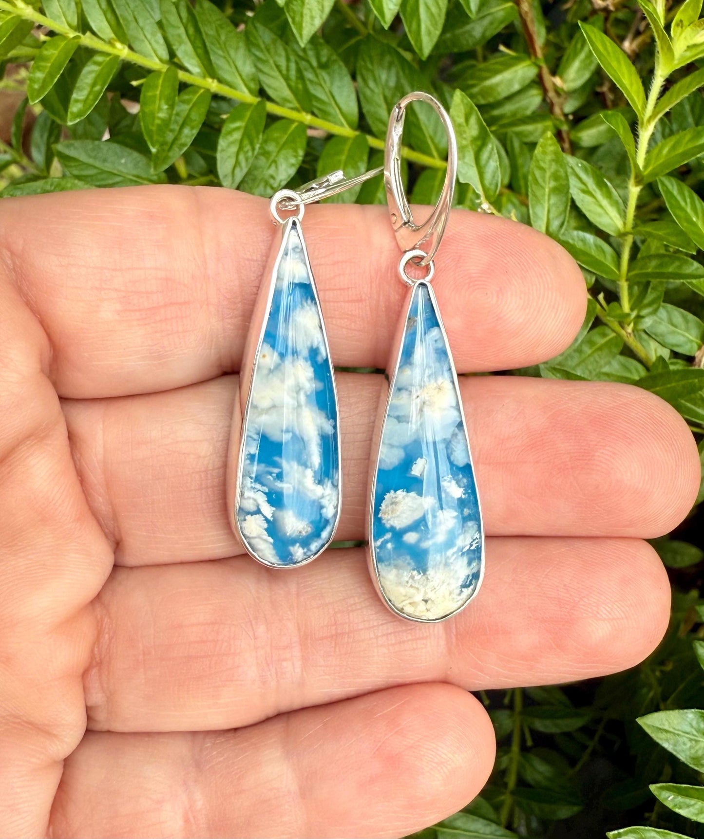 Cloud Earrings in Sterling Silver, Blue and White Stone Earrings, Plume Agate Jewelry