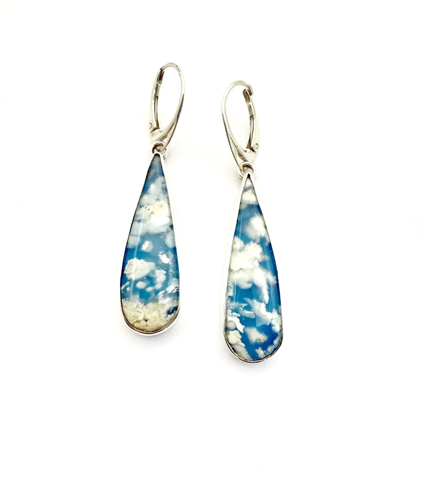 Cloud Earrings in Sterling Silver, Blue and White Stone Earrings, Plume Agate Jewelry