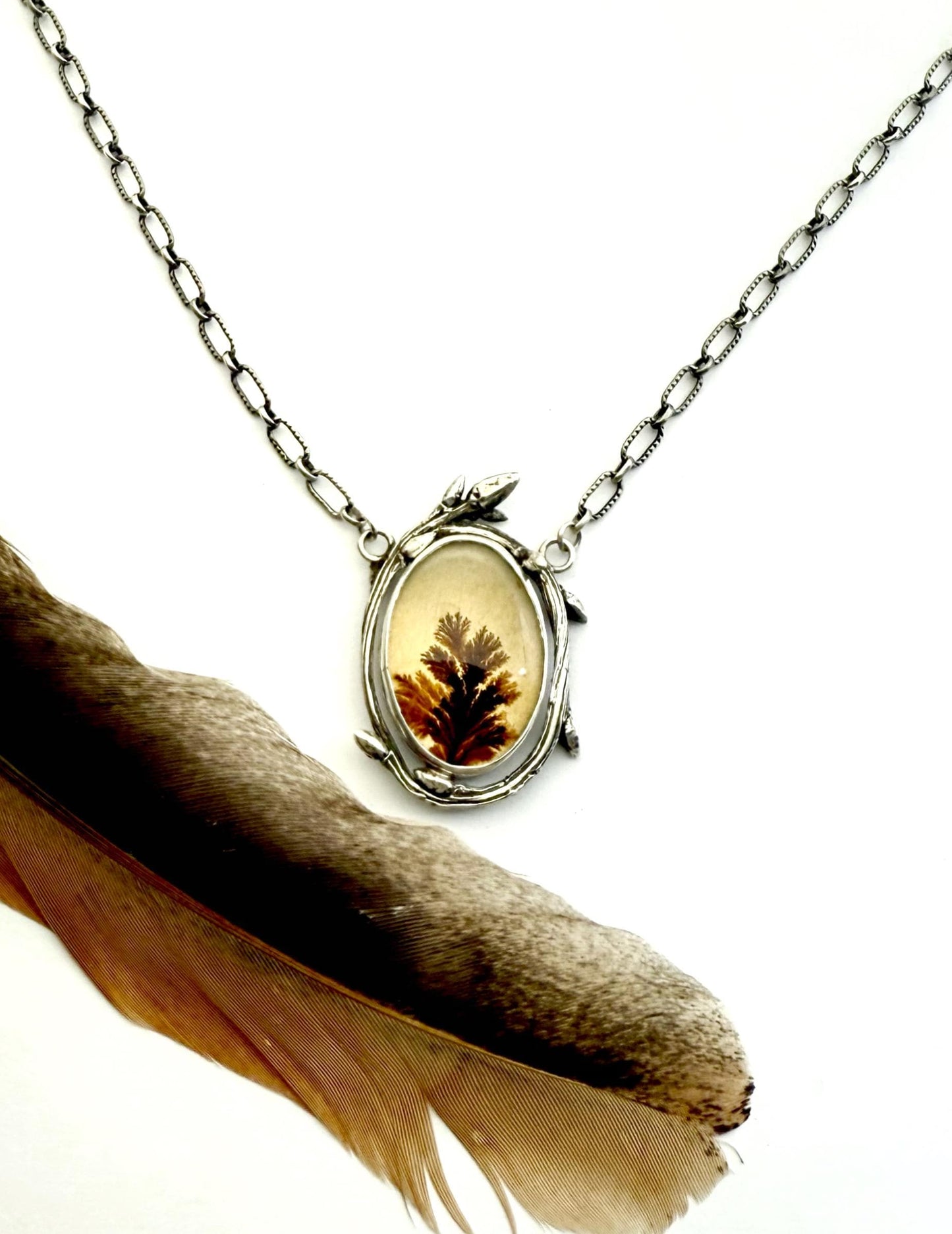 Dendritic Agate Necklace In Sterling Silver, Twig Necklace with Scenic Stone