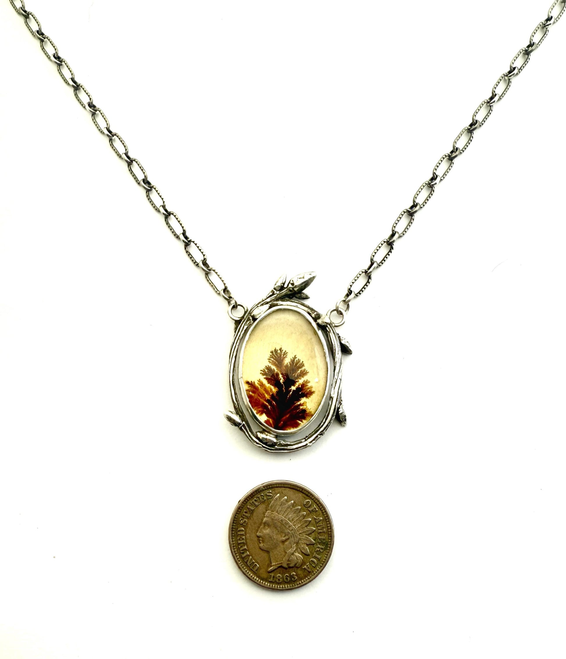 Dendritic Agate Necklace In Sterling Silver, Twig Necklace with Scenic Stone