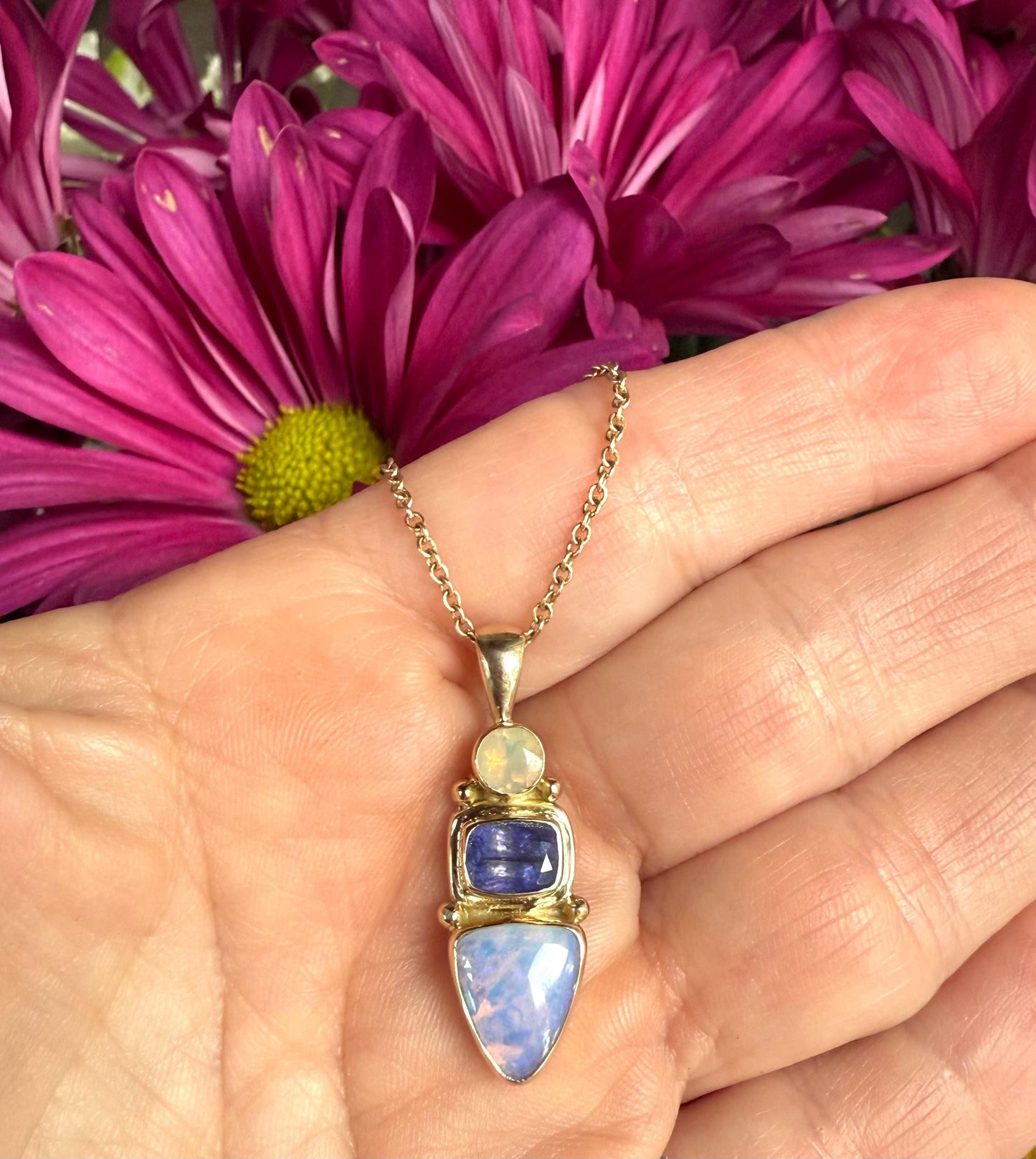 Australian Opal Tanzanite Pendant: 14k Gold & Sterling Silver Necklace
