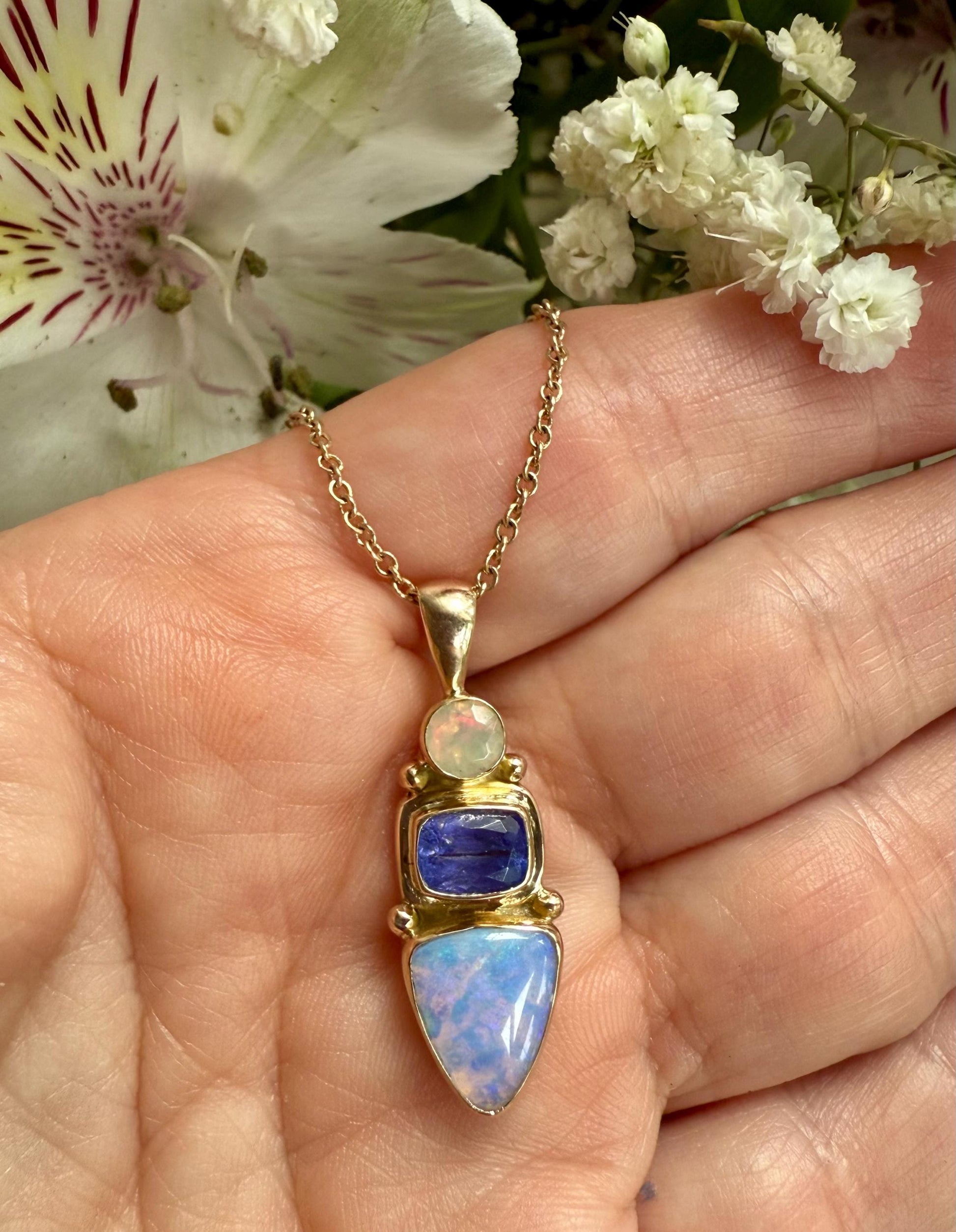 Australian Opal Tanzanite Pendant: 14k Gold & Sterling Silver Necklace
