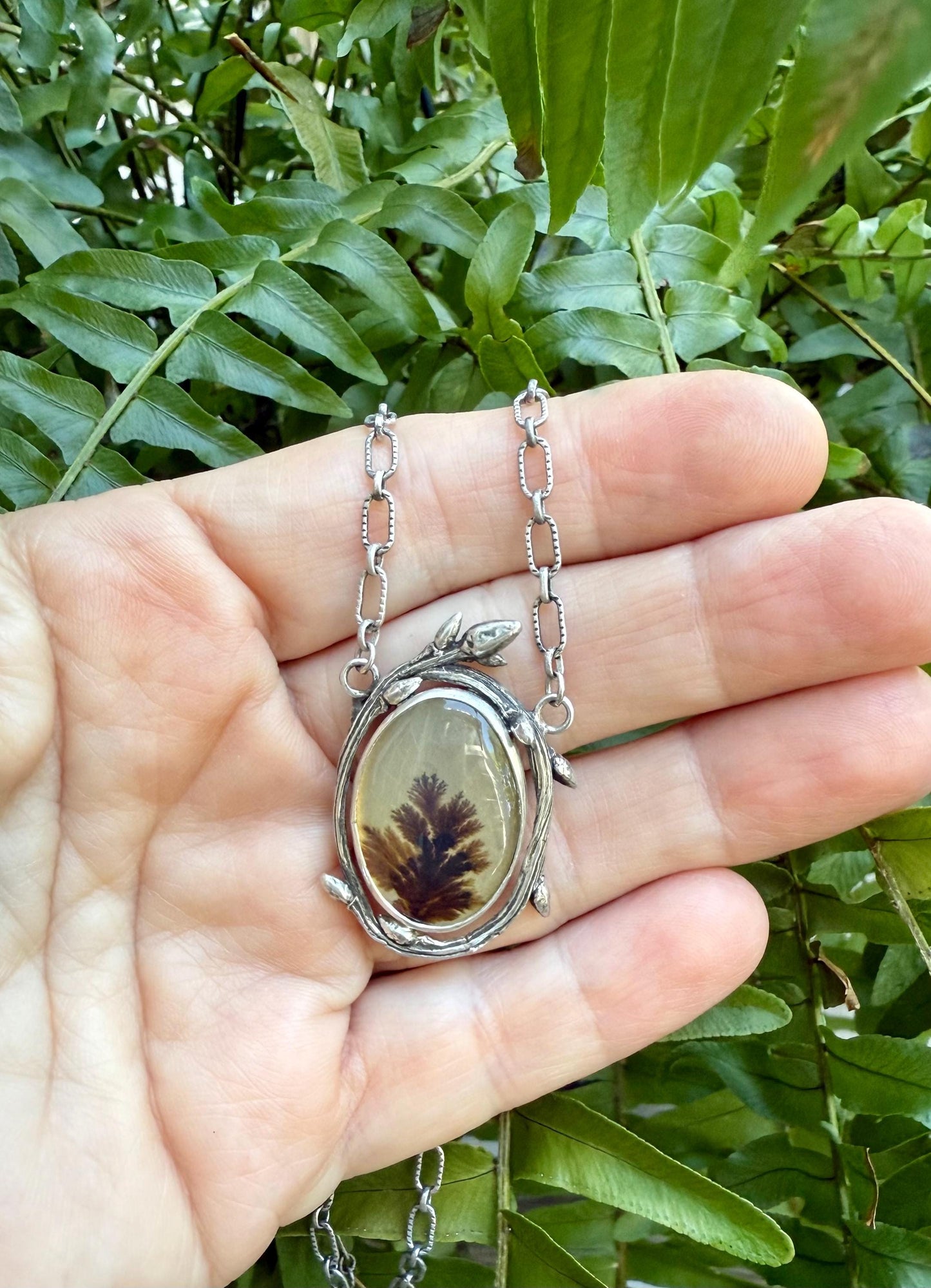 Dendritic Agate Necklace In Sterling Silver, Twig Necklace with Scenic Stone