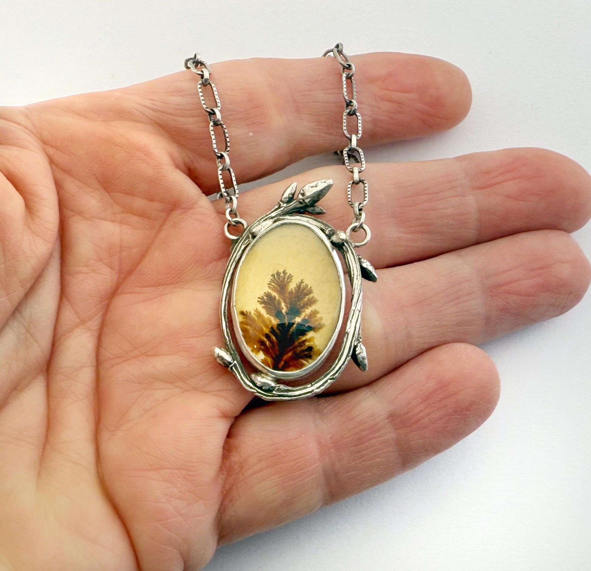 Dendritic Agate Necklace In Sterling Silver, Twig Necklace with Scenic Stone