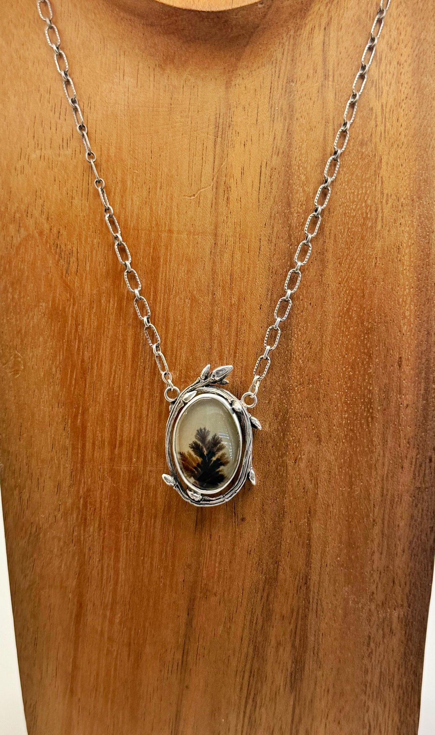 Dendritic Agate Necklace In Sterling Silver, Twig Necklace with Scenic Stone