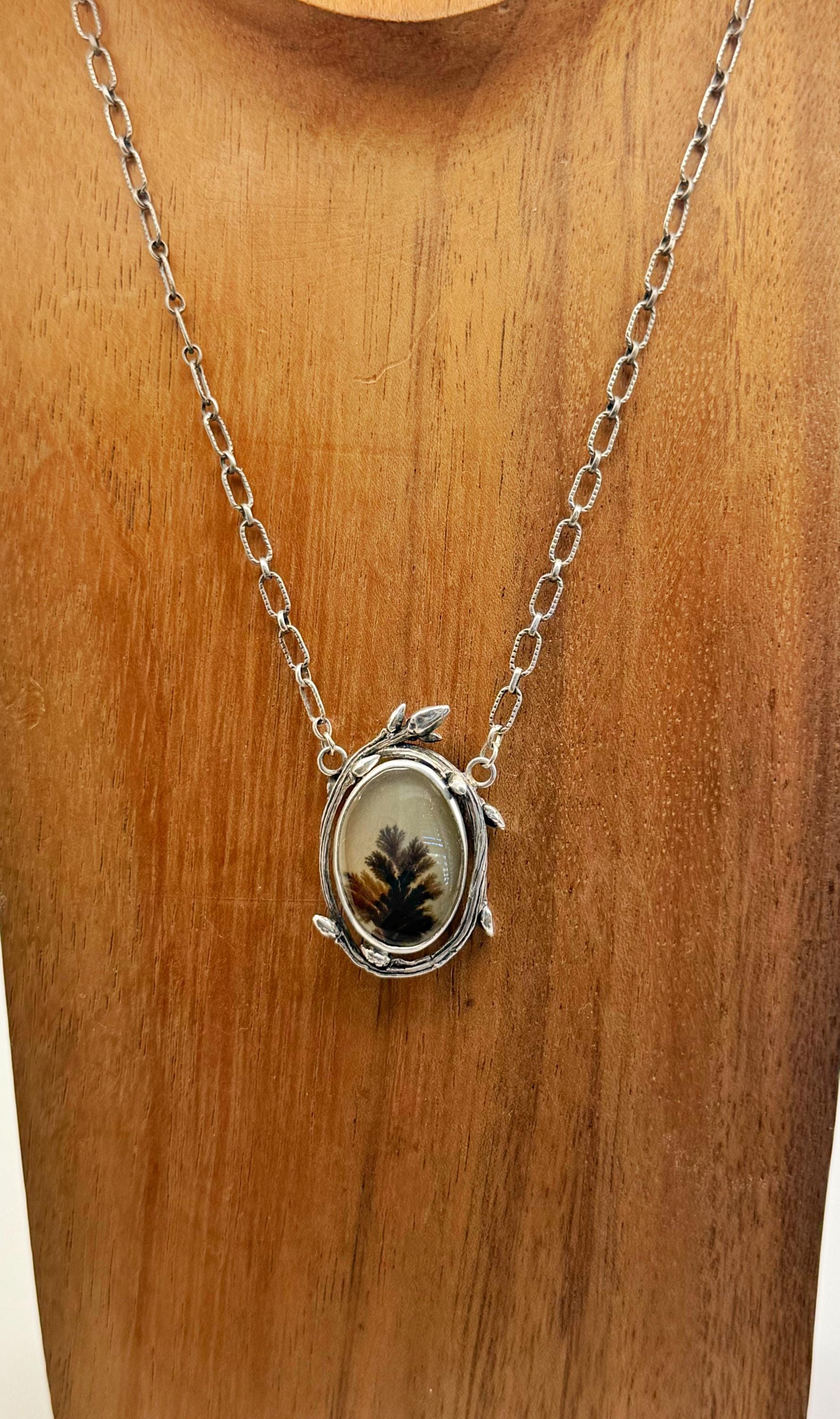 Dendritic Agate Necklace In Sterling Silver, Twig Necklace with Scenic Stone