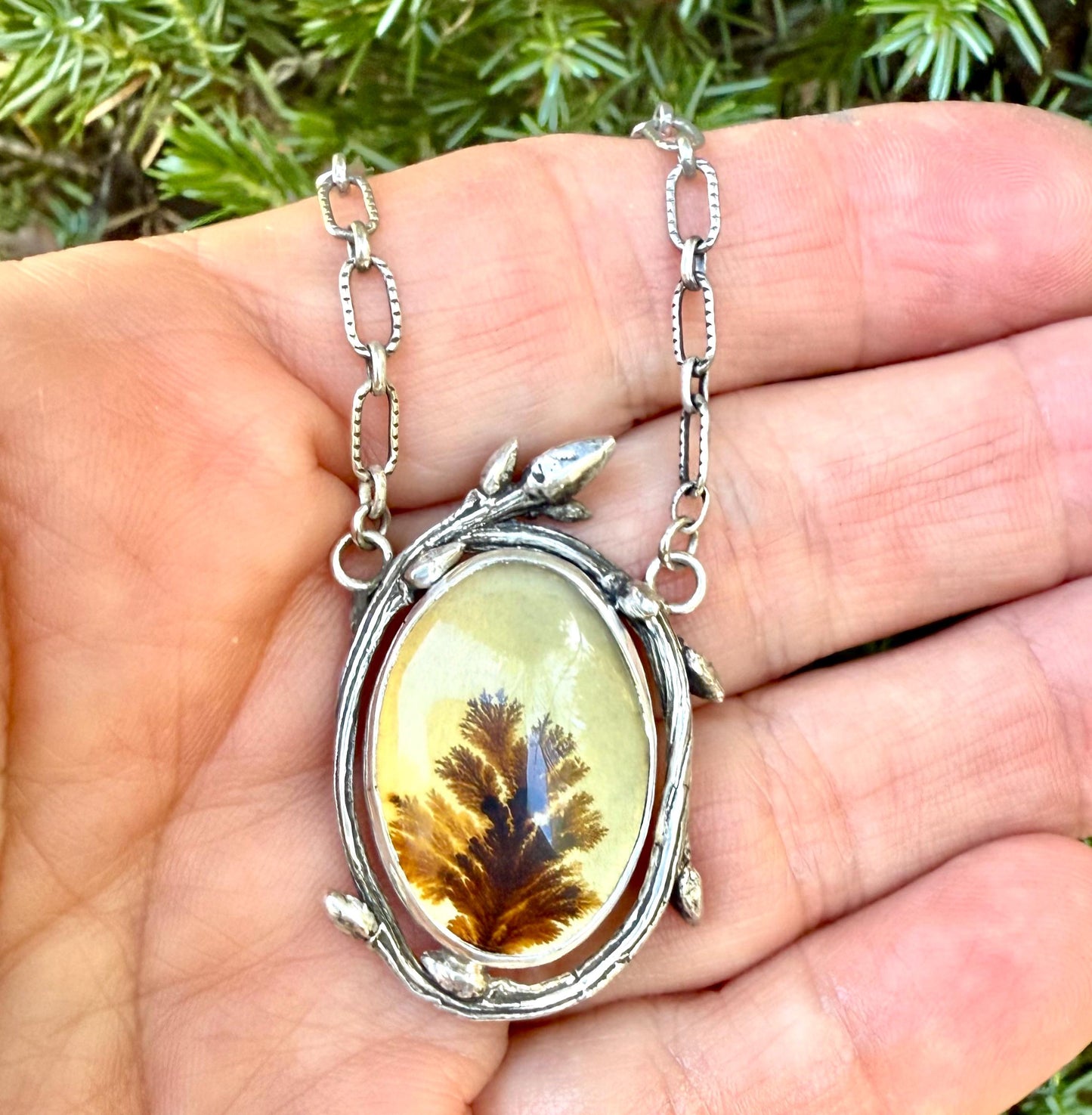 Dendritic Agate Necklace In Sterling Silver, Twig Necklace with Scenic Stone