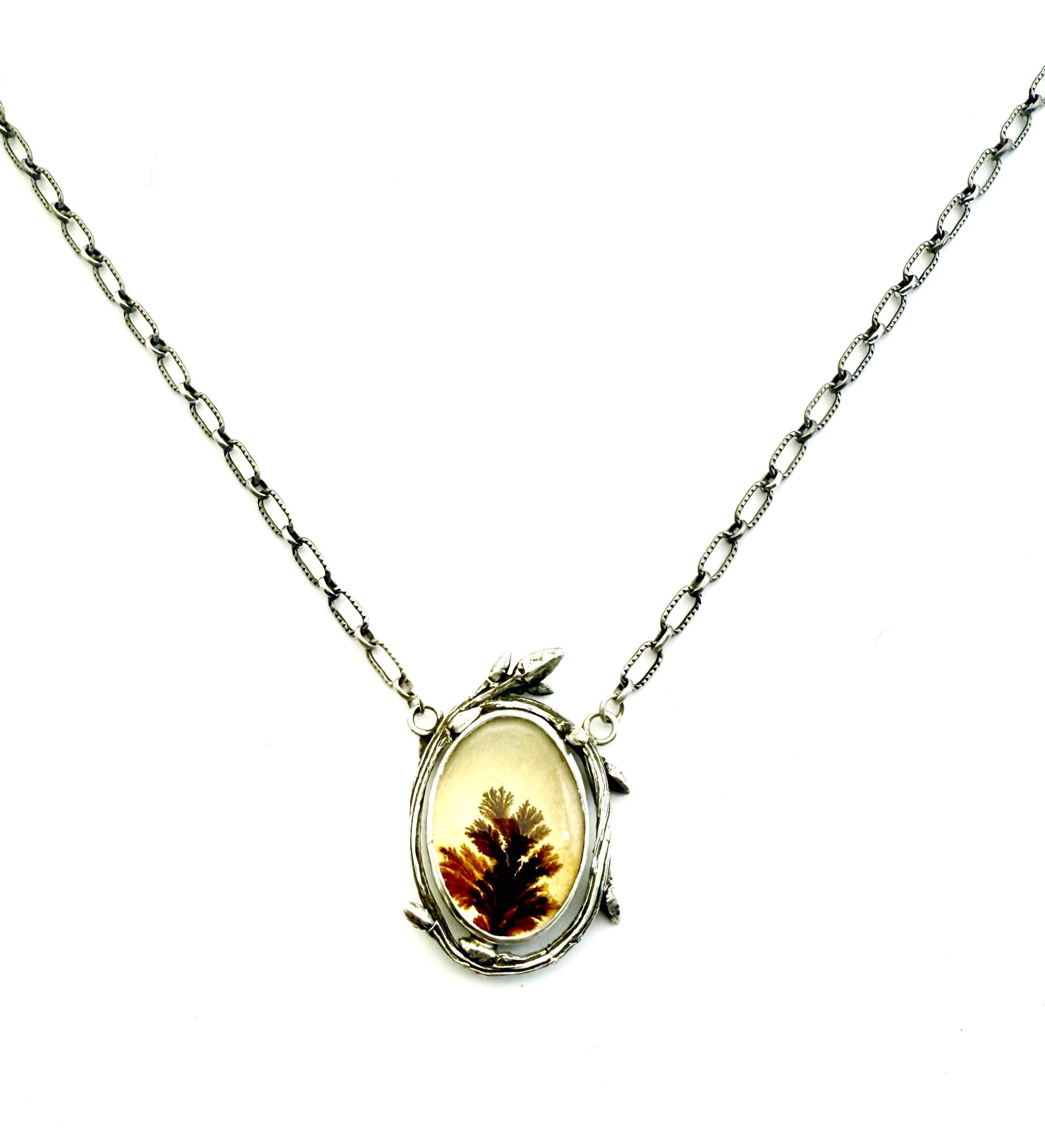 Dendritic Agate Necklace In Sterling Silver, Twig Necklace with Scenic Stone