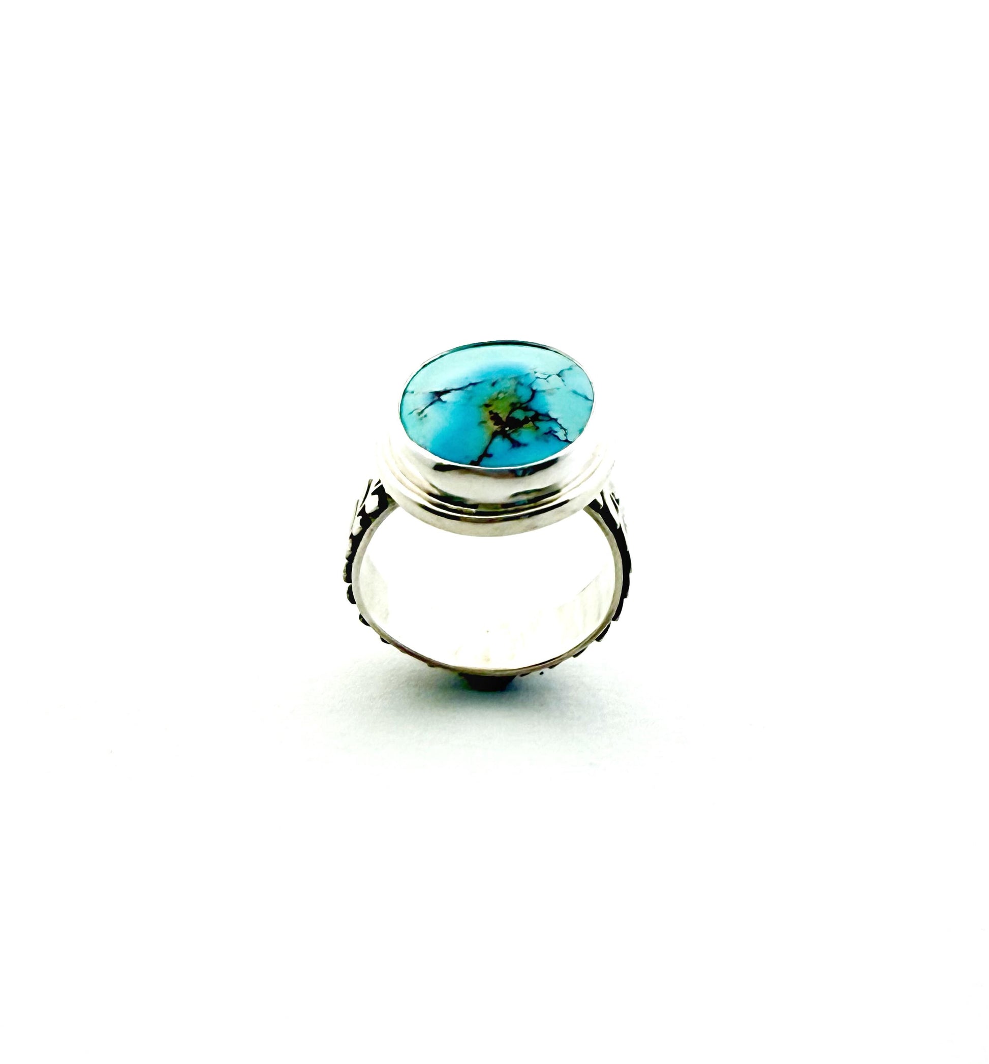 Golden Hills Turquoise Ring: Sterling Silver Leaf Band, Size 7.5