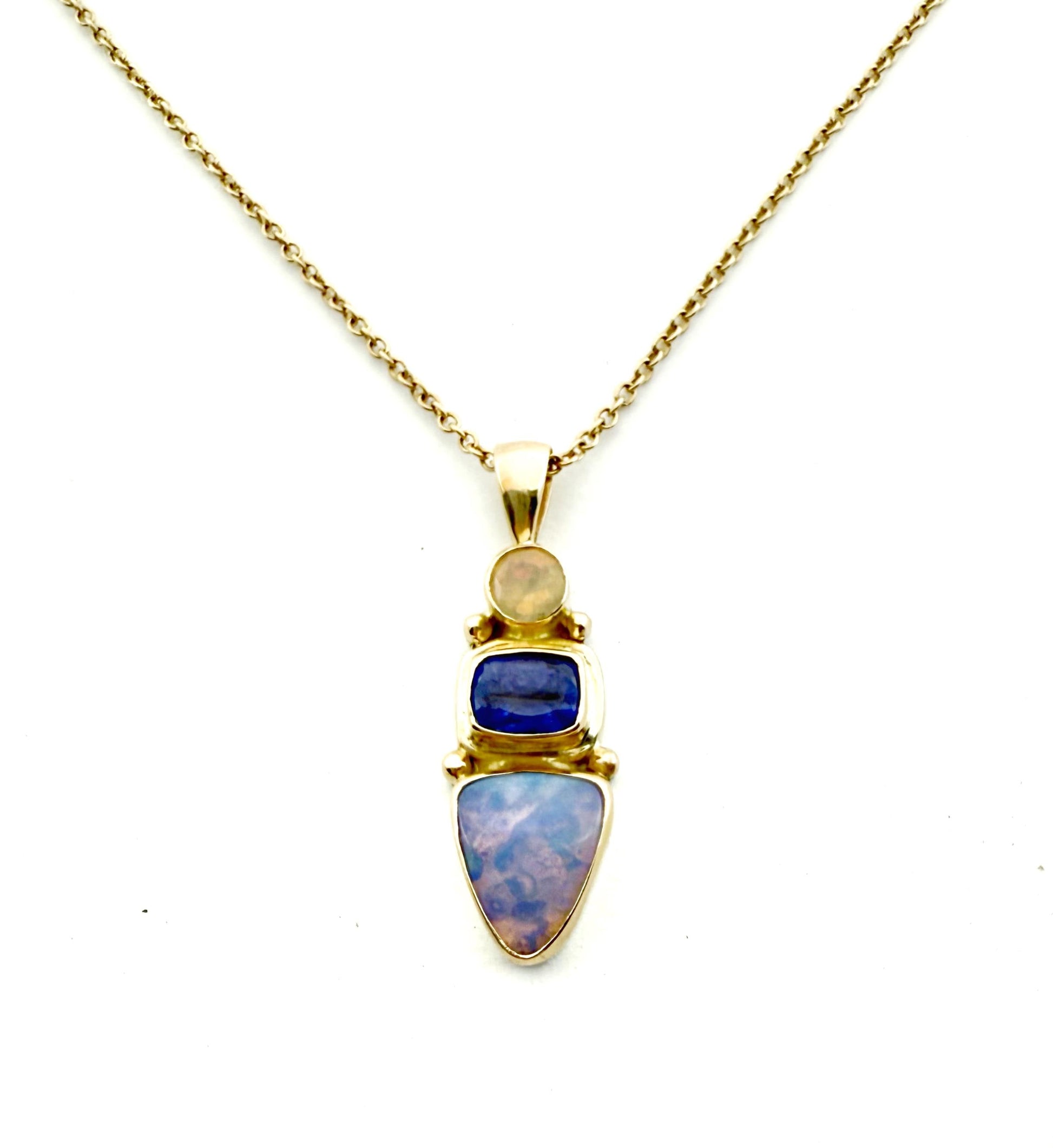 Australian Opal Tanzanite Pendant: 14k Gold & Sterling Silver Necklace