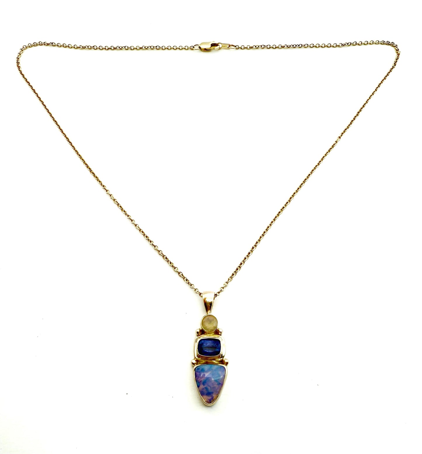 Australian Opal Tanzanite Pendant: 14k Gold & Sterling Silver Necklace