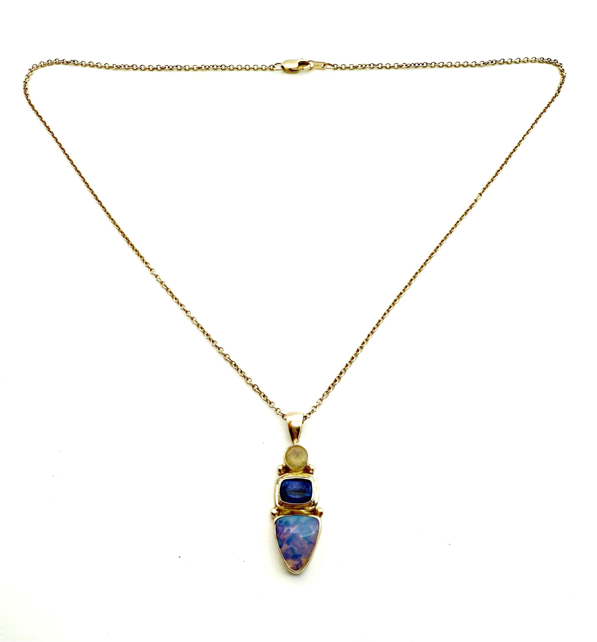 Australian Opal Tanzanite Pendant: 14k Gold & Sterling Silver Necklace