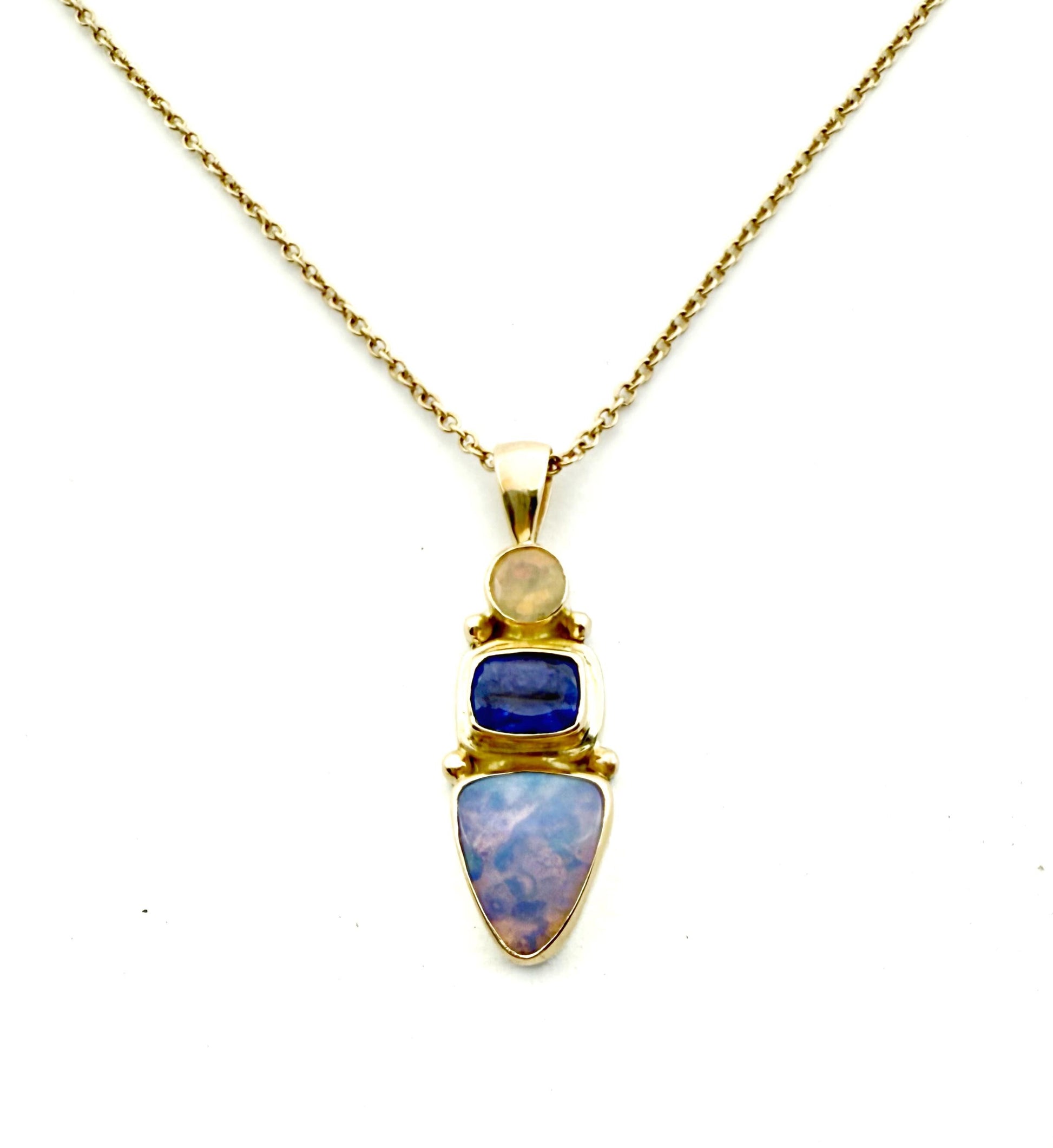 Australian Opal Tanzanite Pendant: 14k Gold & Sterling Silver Necklace