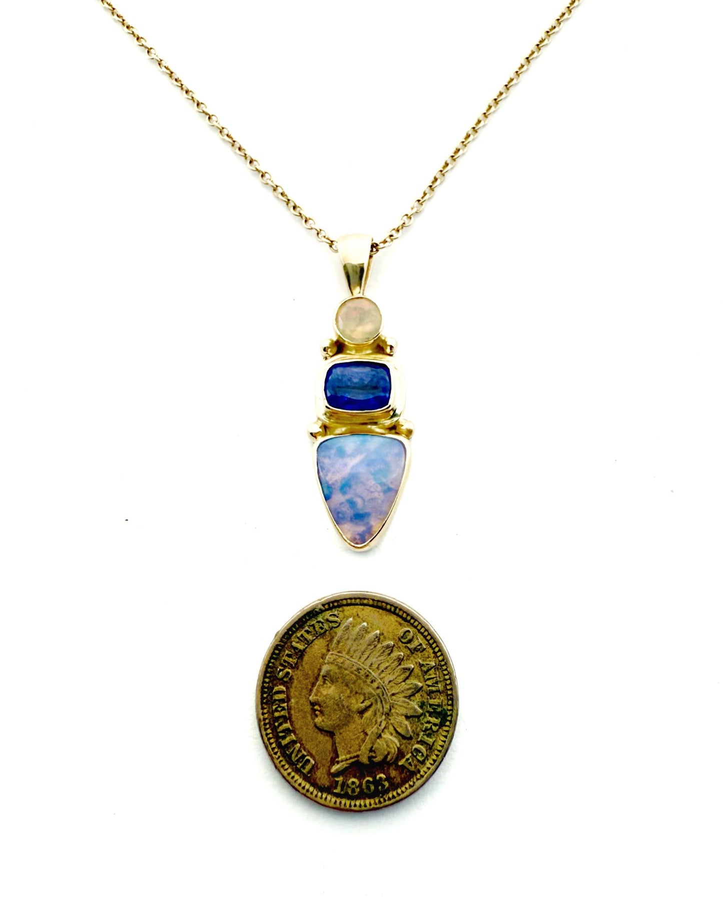 Australian Opal Tanzanite Pendant: 14k Gold & Sterling Silver Necklace