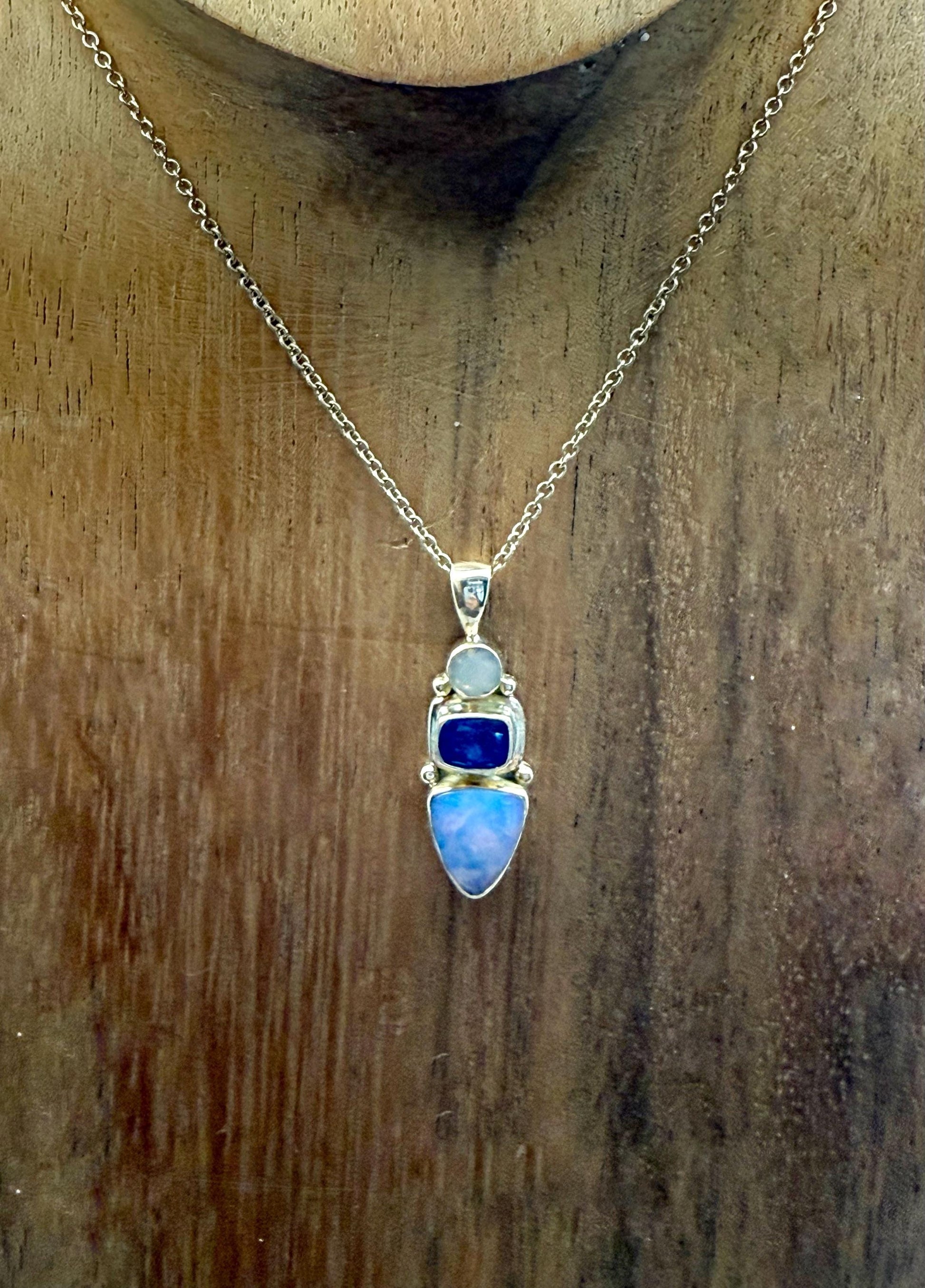 Australian Opal Tanzanite Pendant: 14k Gold & Sterling Silver Necklace