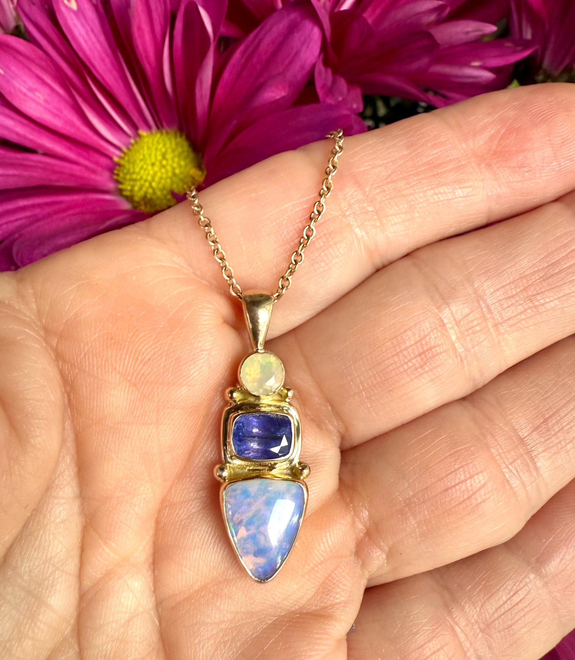 Australian Opal Tanzanite Pendant: 14k Gold & Sterling Silver Necklace