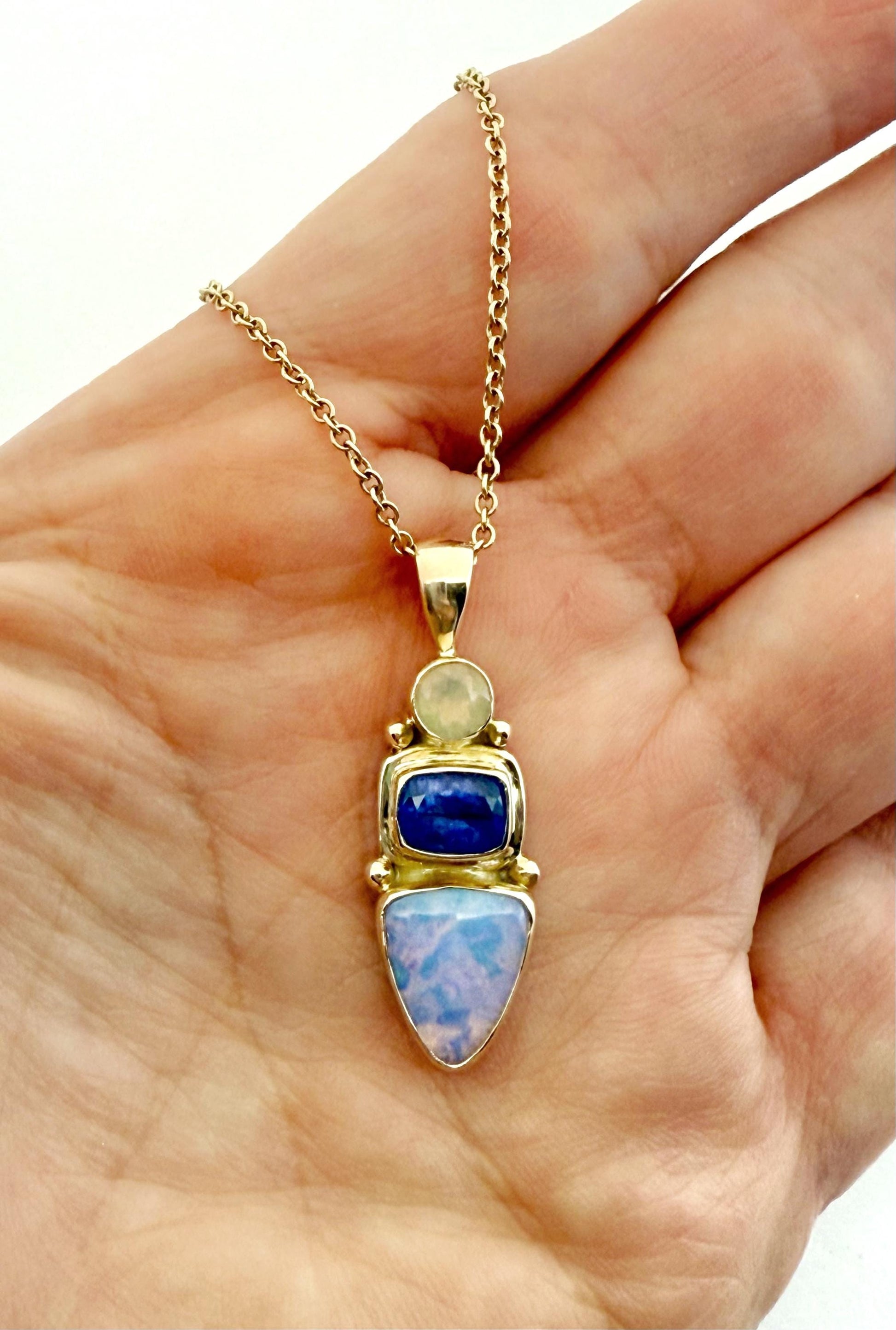 Australian Opal Tanzanite Pendant: 14k Gold & Sterling Silver Necklace