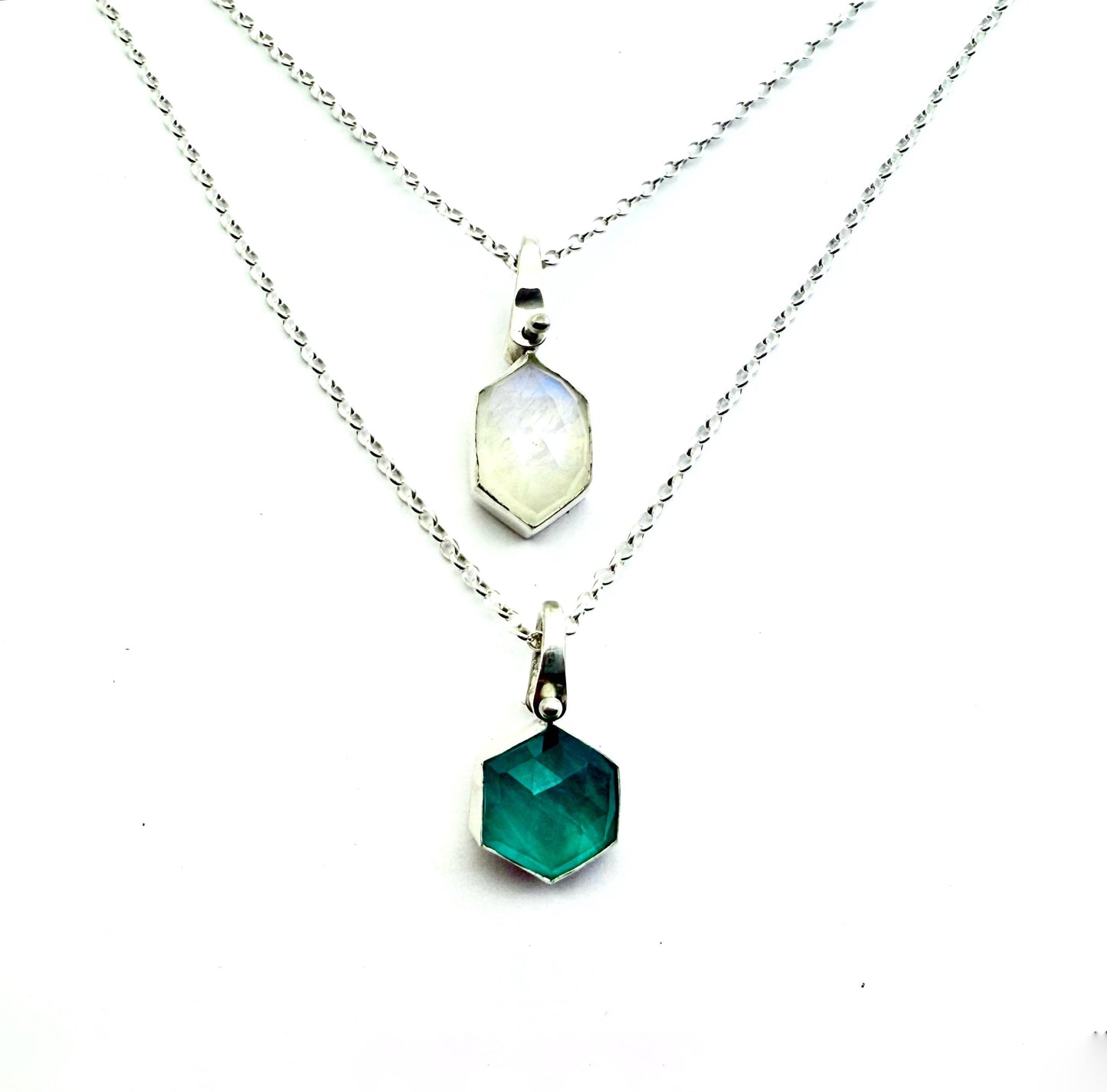 Gemstone Hexagonal Pendants in Sterling Silver, Moonstone Pendant, Amazonite Pendant