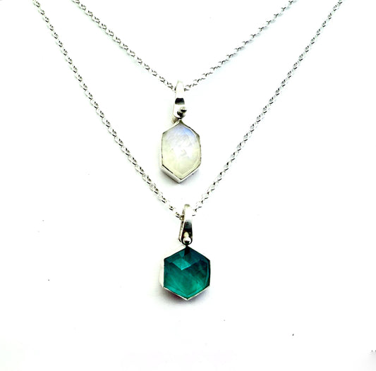 Gemstone Hexagonal Pendants in Sterling Silver, Moonstone Pendant, Amazonite Pendant