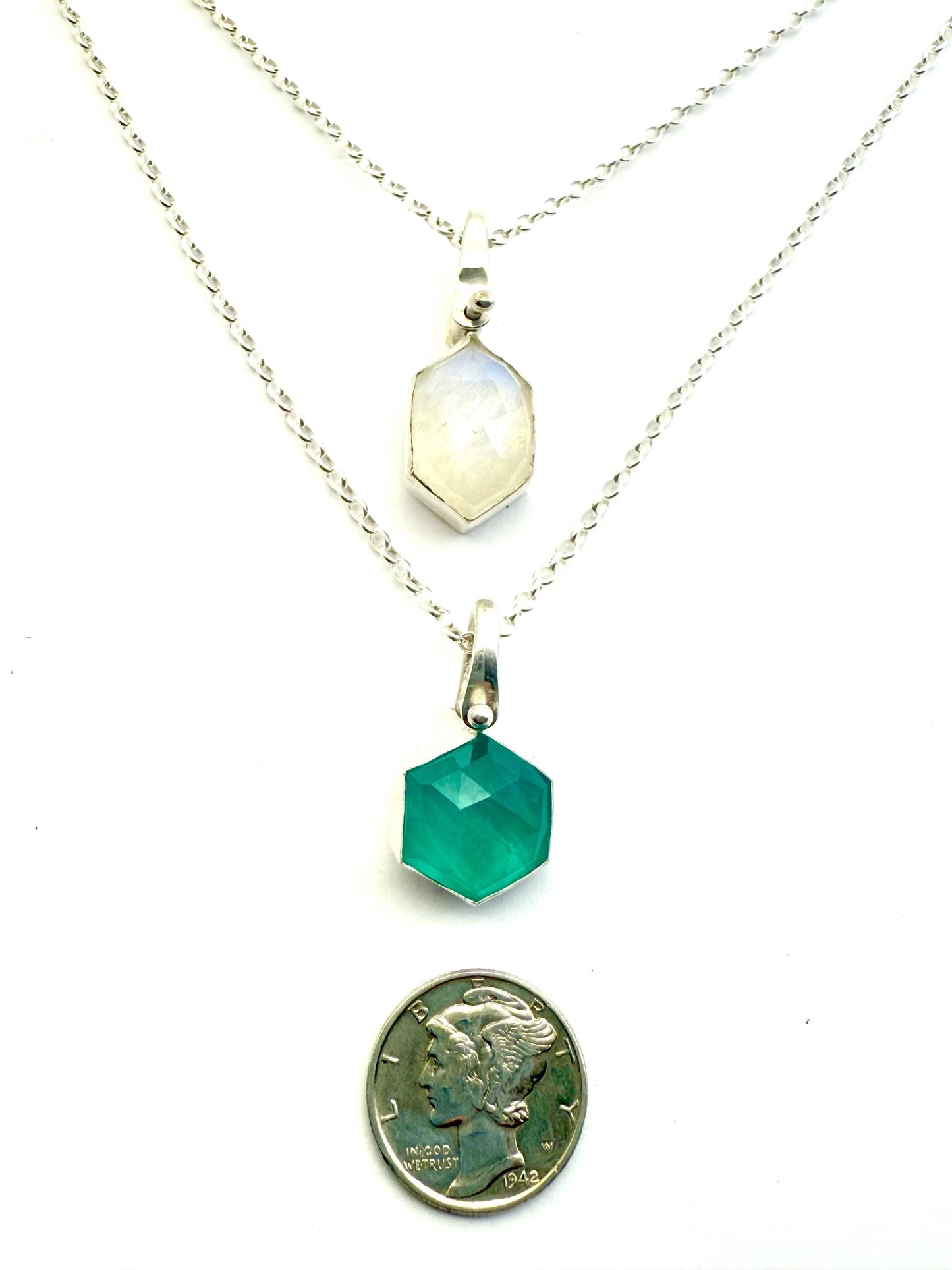 Gemstone Hexagonal Pendants in Sterling Silver, Moonstone Pendant, Amazonite Pendant