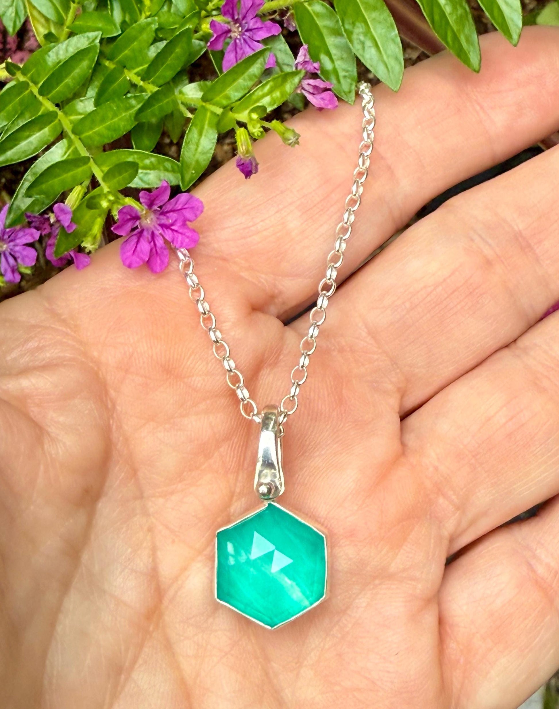 Gemstone Hexagonal Pendants in Sterling Silver, Moonstone Pendant, Amazonite Pendant