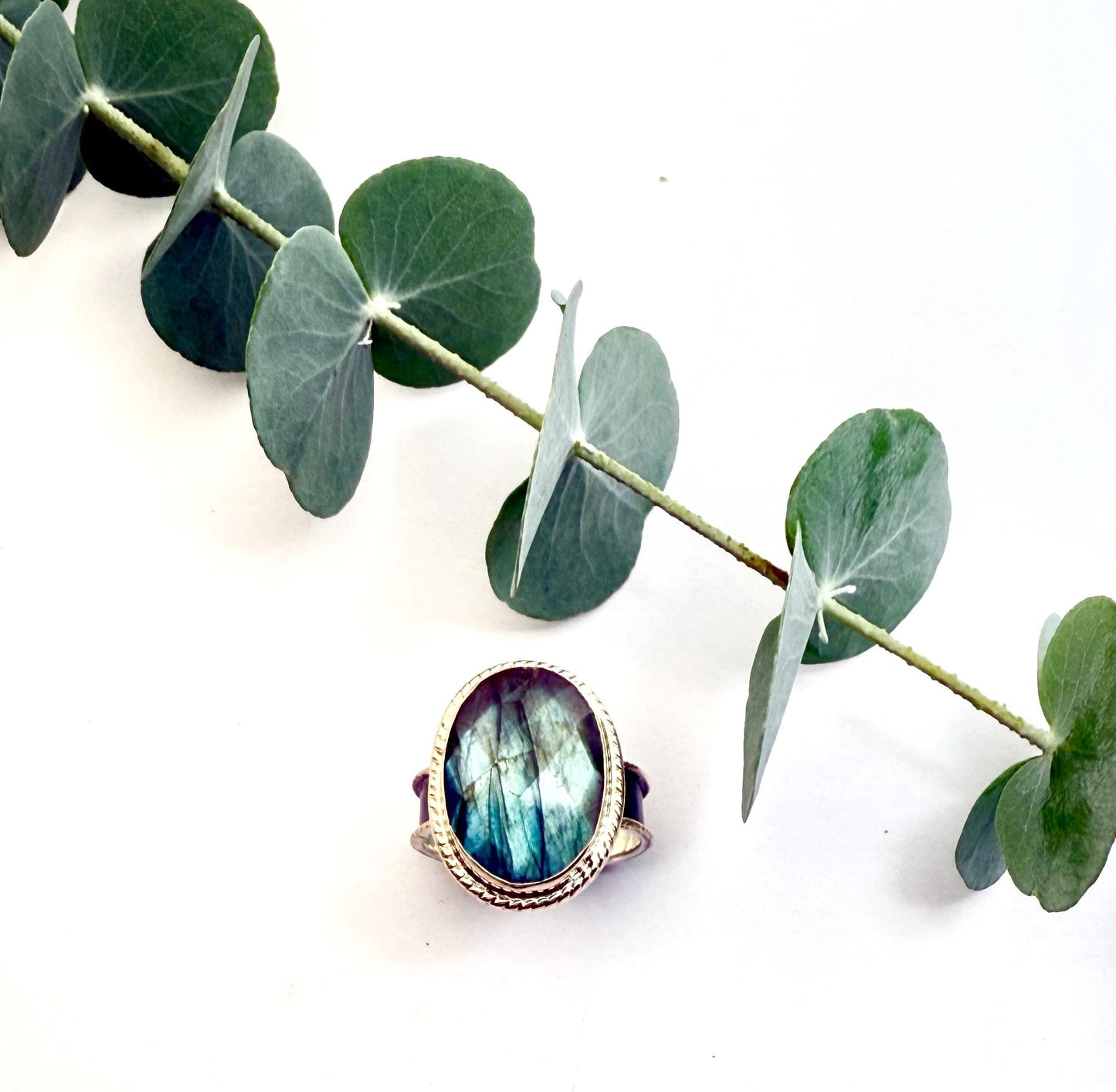 Handmade Labradorite Statement Ring in Sterling Silver and 14k Gold