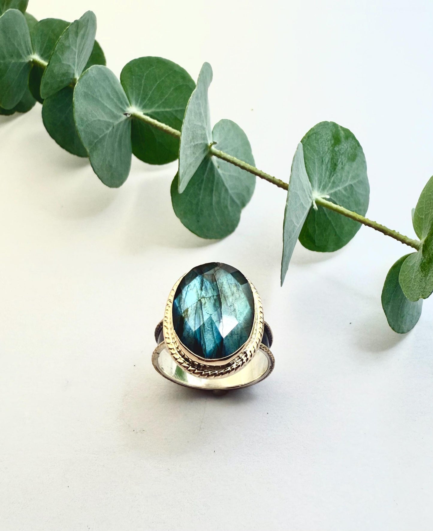 Handmade Labradorite Statement Ring in Sterling Silver and 14k Gold