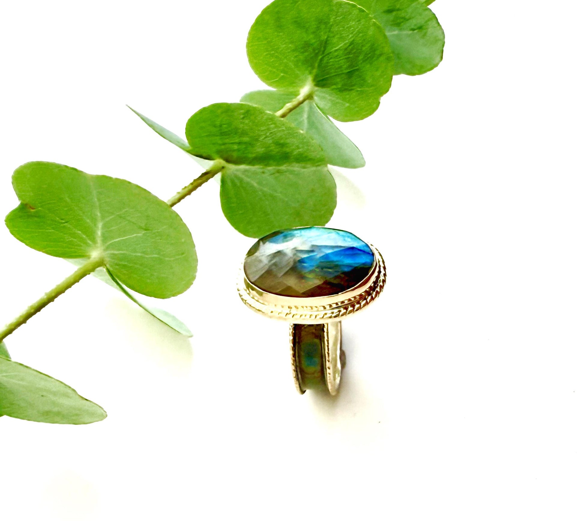 Handmade Labradorite Statement Ring in Sterling Silver and 14k Gold