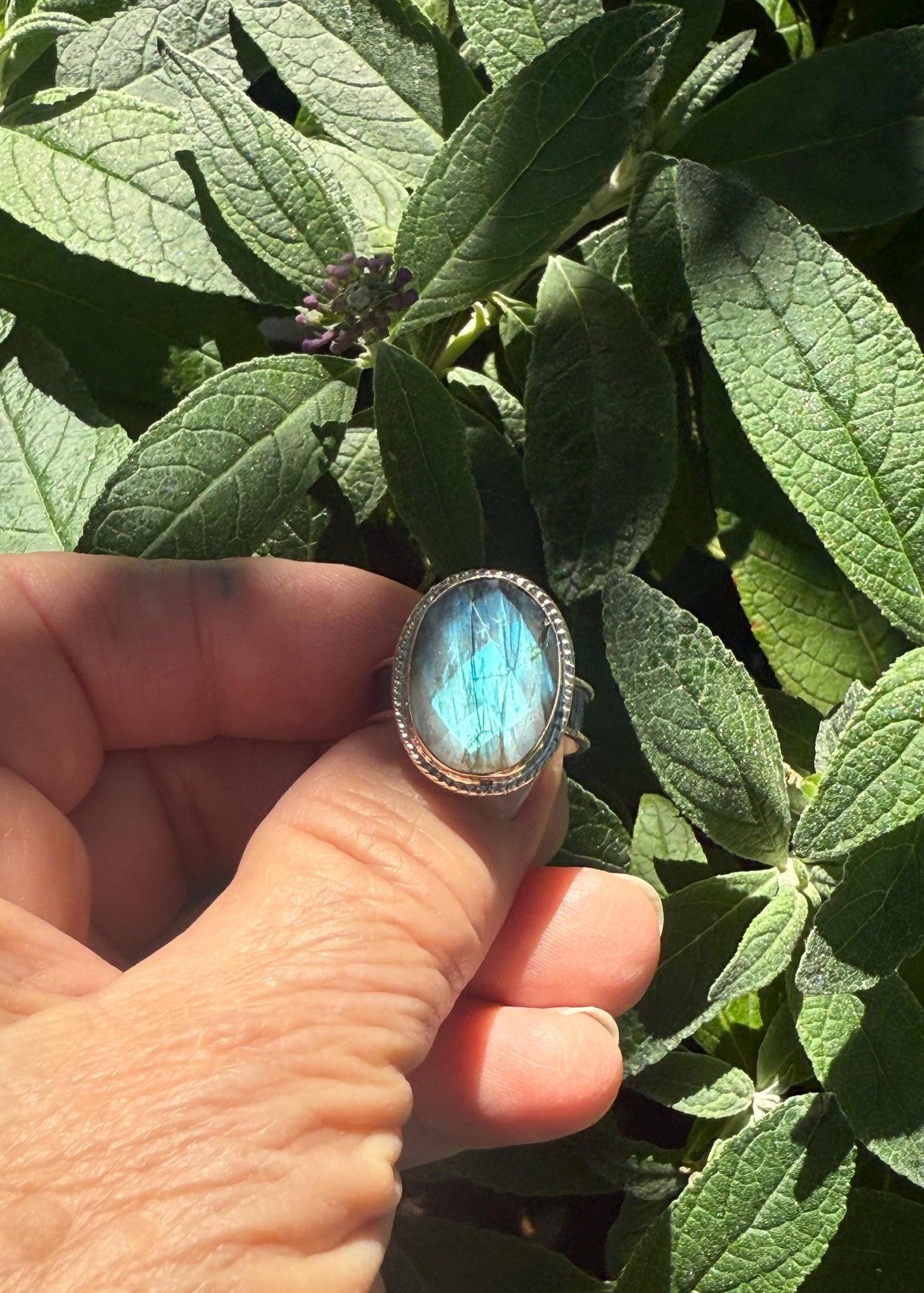 Handmade Labradorite Statement Ring in Sterling Silver and 14k Gold
