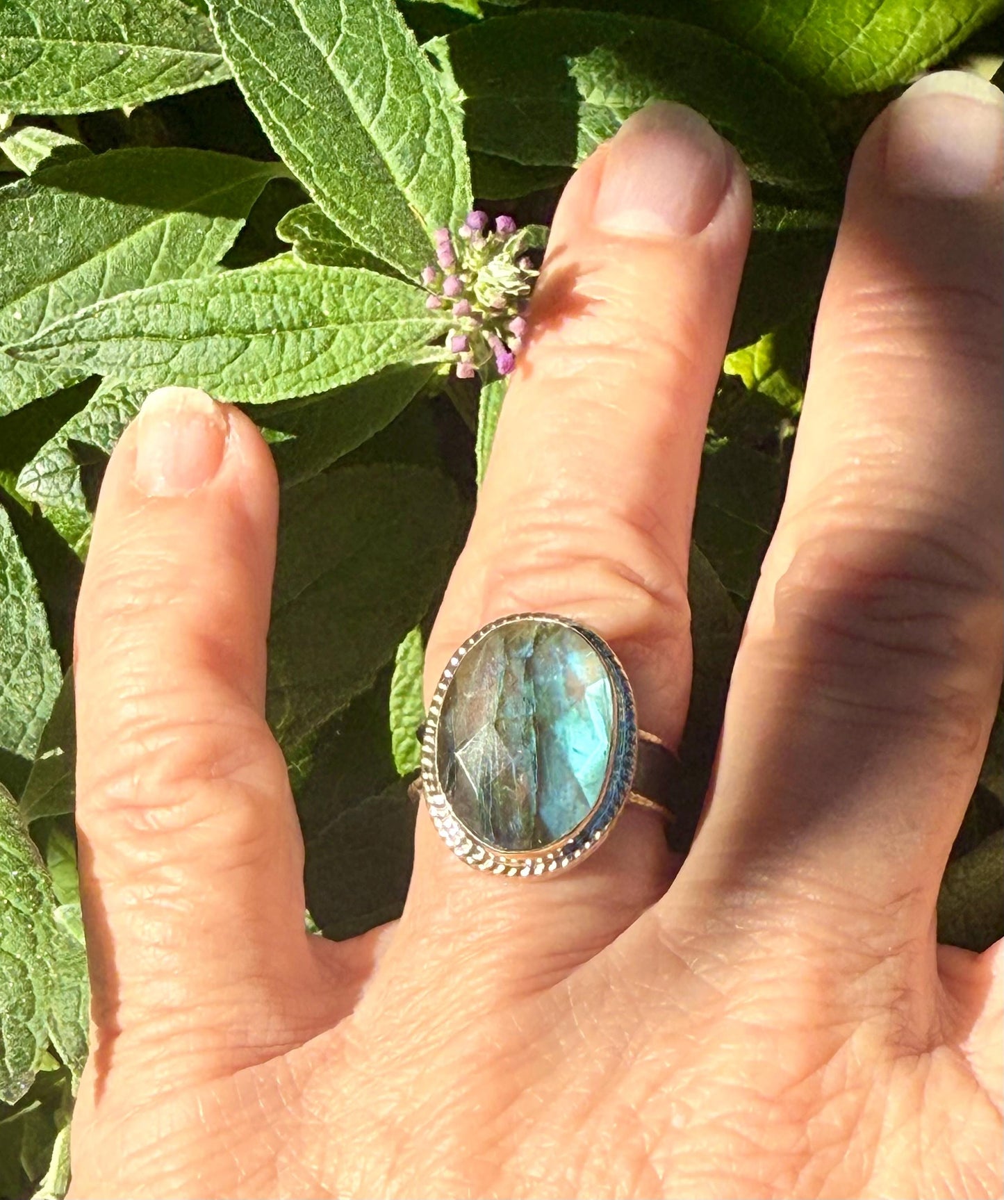 Handmade Labradorite Statement Ring in Sterling Silver and 14k Gold
